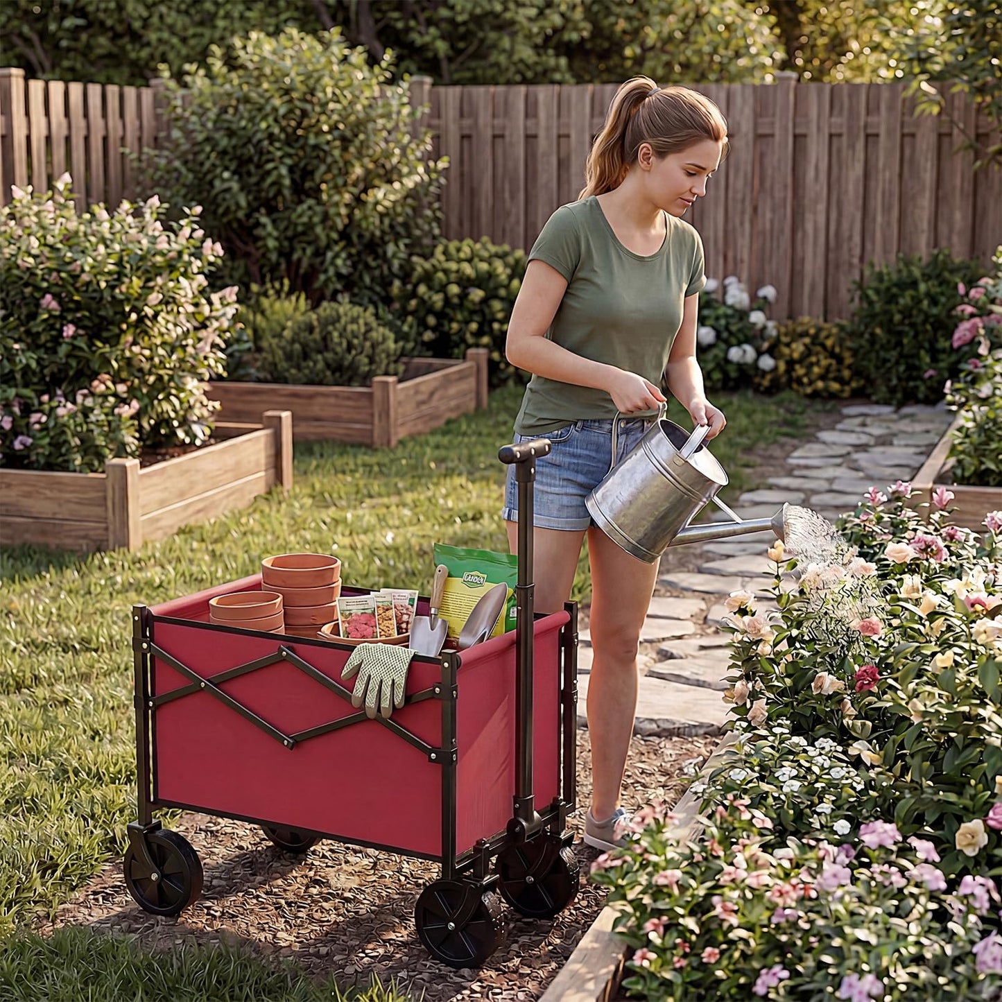 DUMOS Collapsible Wagon with Wheels, 220LBS Wagons Carts Foldable Small Wagon Cart with Flexible Handle, Lightweight Portable Folding Utility Grocery Shopping Cart for Sports Garden Camping, Red
