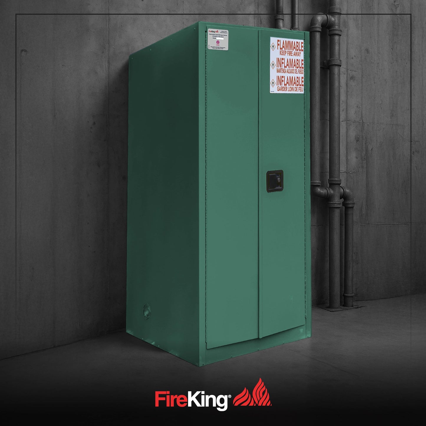 FireKing Green Flammable Safety Cabinet, Pesticides Flammable Storage Cabinet, 60 Gallon Steel Safety Cabinets with Manual Door for Commercial, Industrial & Home Use, 34" x 34" x 65"