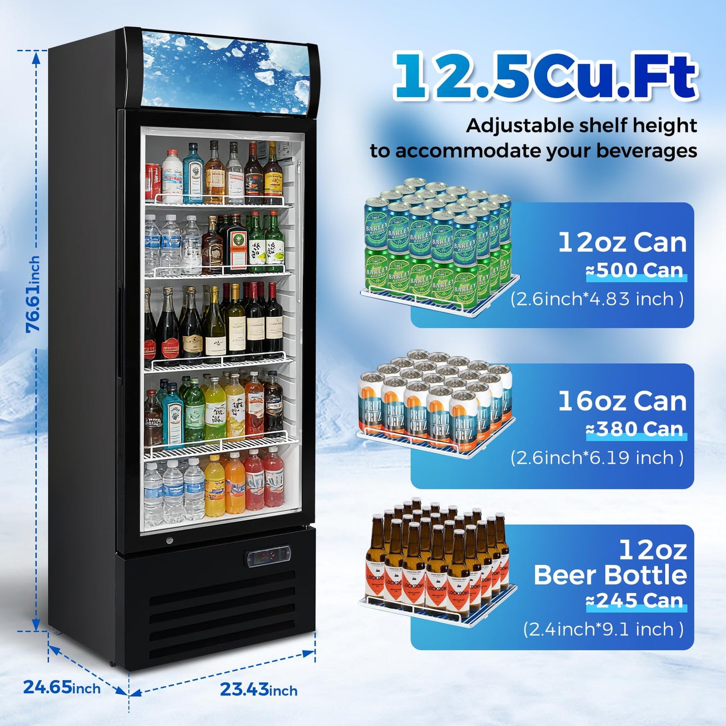 Bluelinecool 12.5 Cu Ft Commercial Beverage Refrigerator with 1 Glass Doors - Upright Drink Cooler Merchandiser with LED Light Display, 4 Adjustable Shelves, Black, ETL Approved for Business & Retail