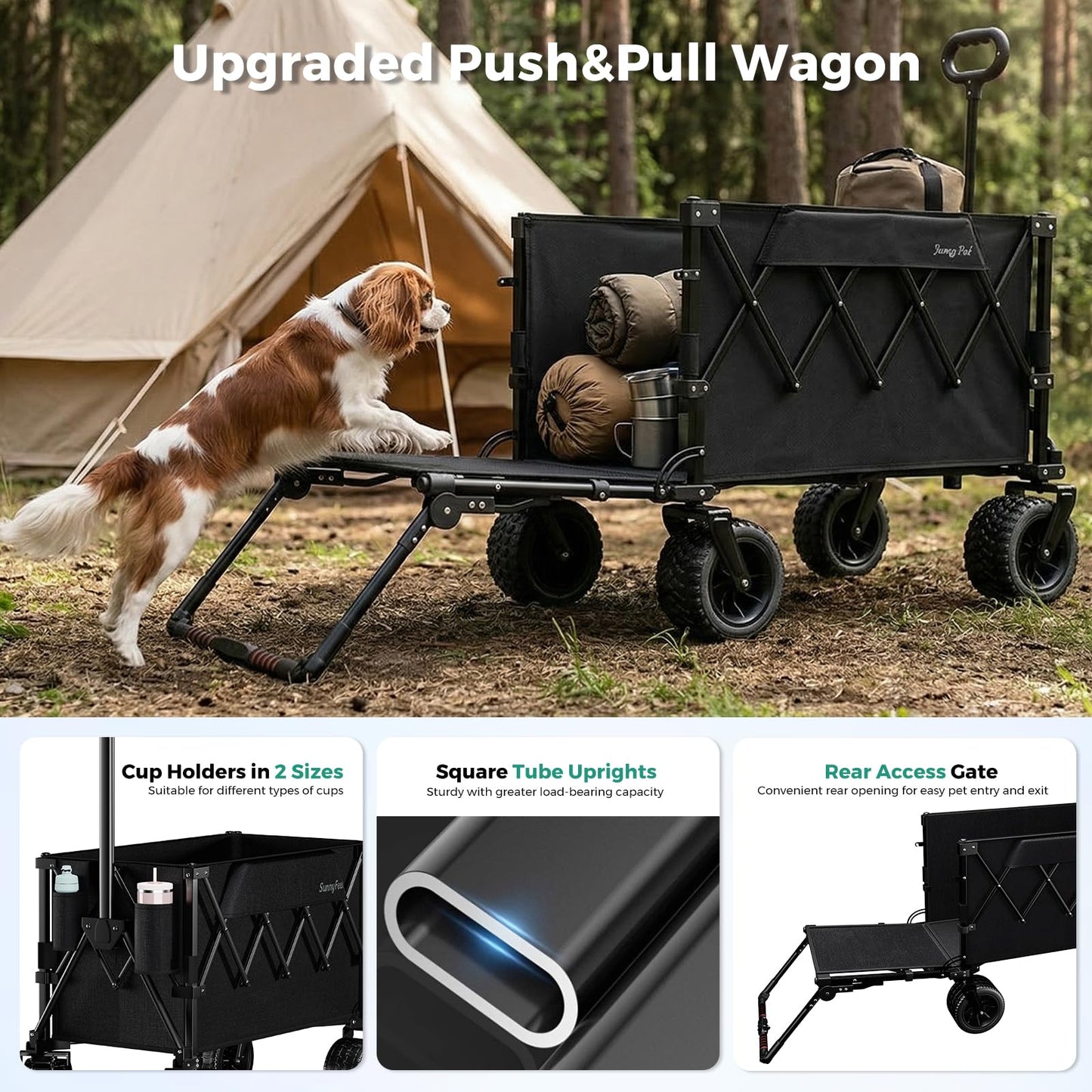 SUNNYFEEL 550LBS Collapsible Wagon Cart - Heavy Duty Push Pull Foldable Wagon with Dual Handles and Big Wheel,Utility Cart with Rear Tailgate for Camping, Fishing, Gardening, Shopping, Black