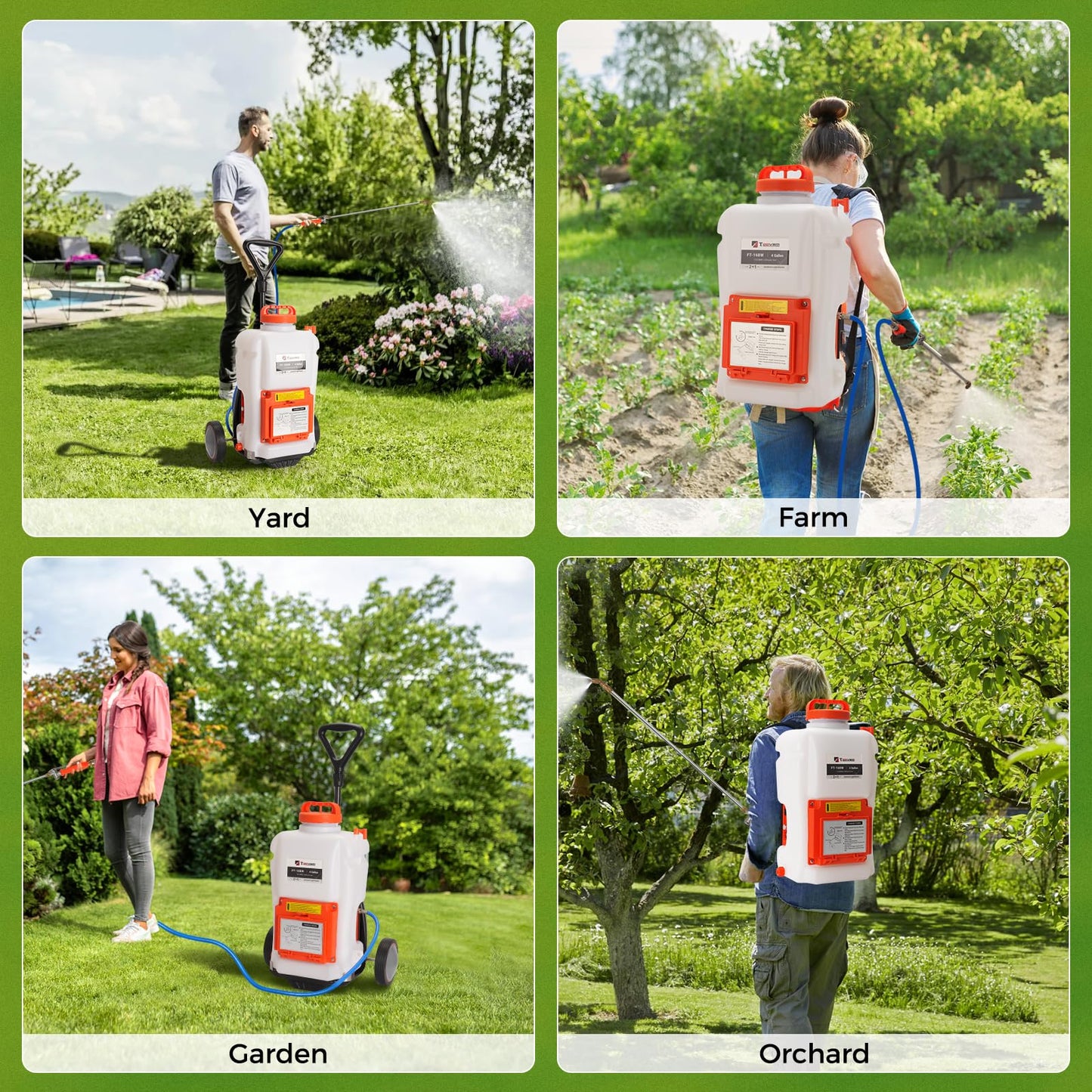 Toovem Battery Powered Backpack Sprayer, 4 Gallon Electric Sprayer with Wheeled Cart, Adjustable 0-94 PSI Backpack Garden Sprayer with 10FT Hose, 6 Nozzles for Lawn, Garden, Yard