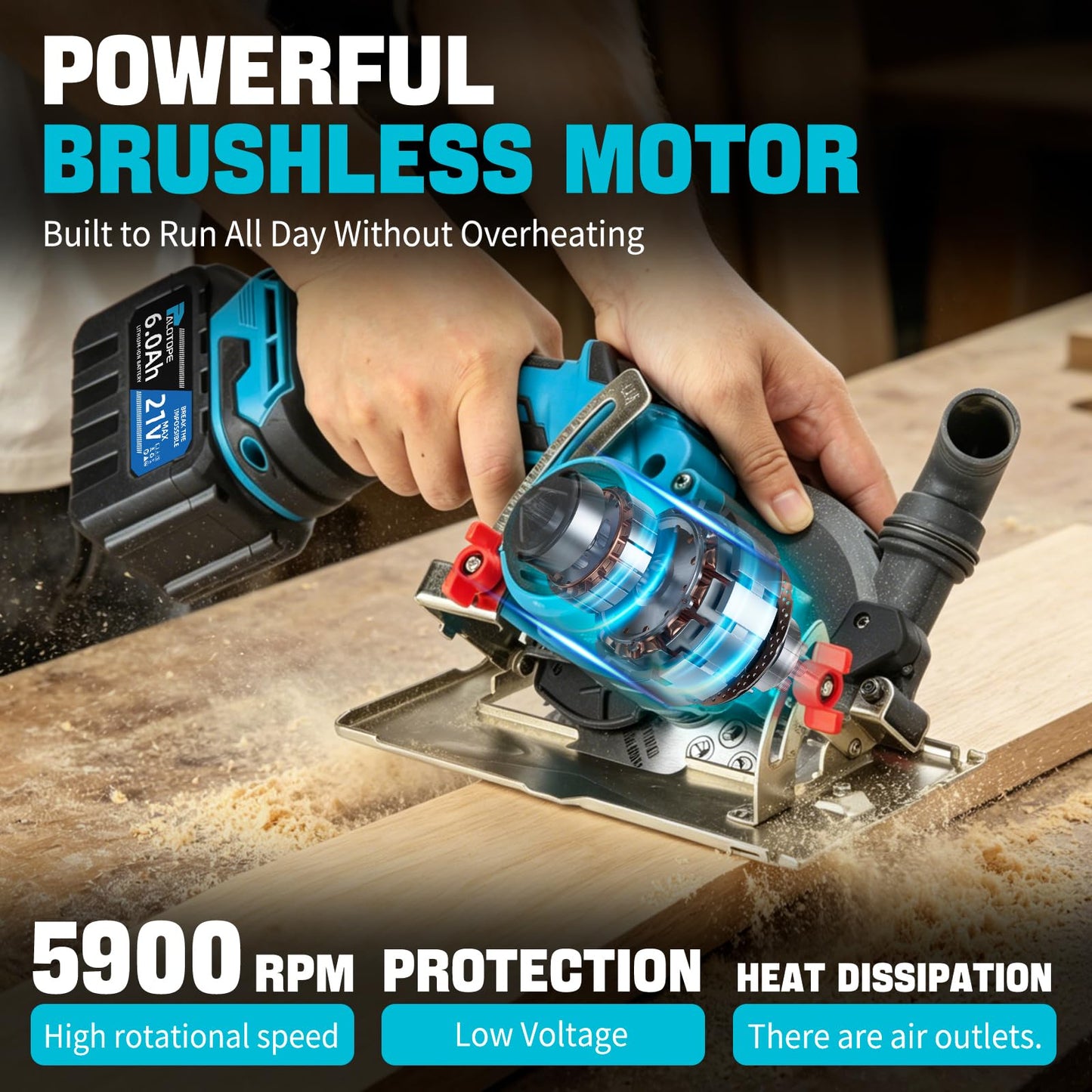Palotope 6" Cordless Circular Saw,6900 RPM Power Wood Saw with 2 X 6.0Ah Batteries, 6" Alloy Blade, 2.2"(90°)1.5"(45°) Max Cutting Depth,Portable Table Saw for Wood,Home Renovation