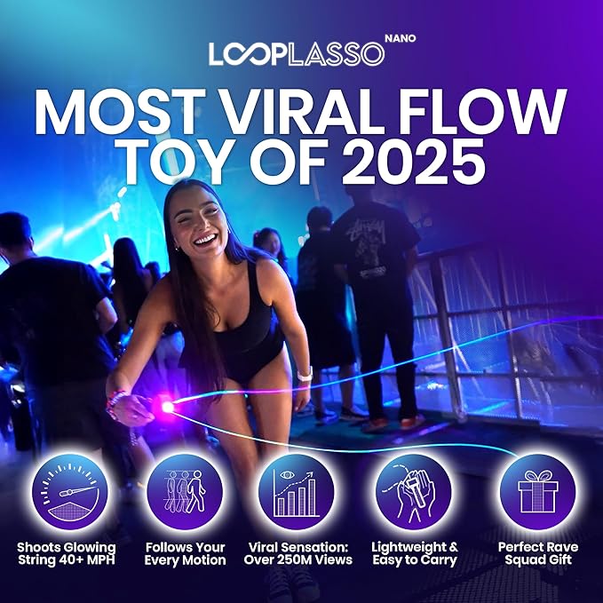 Loop Lasso NANO Glow in the Dark Rave Toys with Built-in UV Blacklight - Interactive Rope Launcher STEM Toy - Viral Flow and String Shooter Toy for Kids and Adults