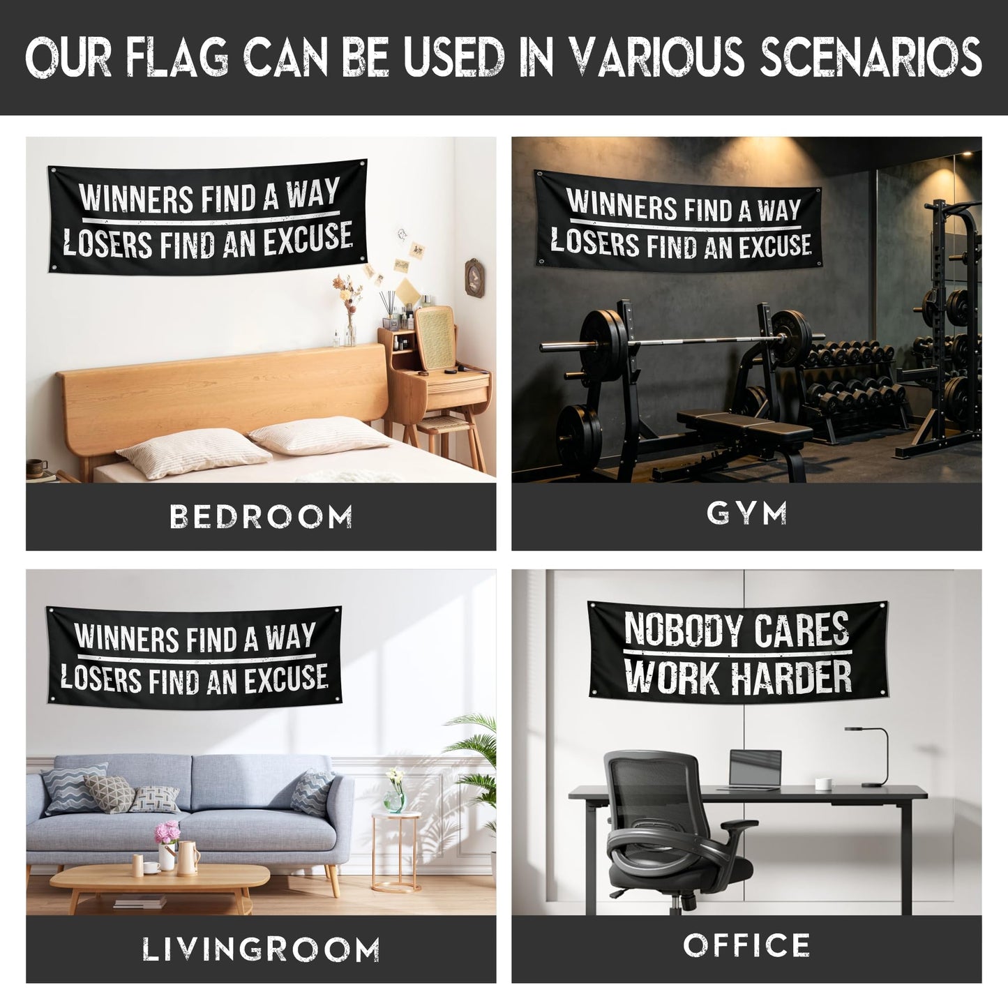 Motivational Banners Set - Gym and Office Wall Decor with 4 Grommets - Heavy-Duty 13oz Vinyl UV Print Indoor/Outdoor Posters - Losers Find An Excuse, Nobody Cares Work Harder (2 x 6 FT)