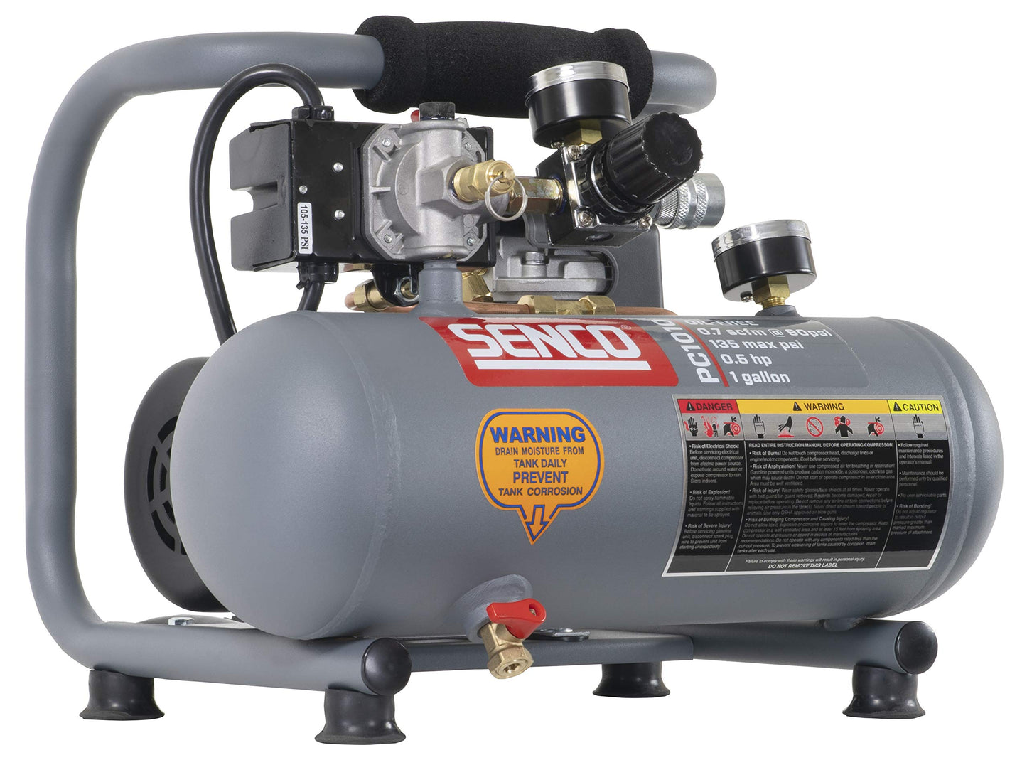 Senco PC1010 1/2- Horsepower 1-Gallon Matte Finish and Trim Portable Hot Dog Air Compressor, Gray/Red & Campbell Hausfeld 25' Air Hose (PA117701AV)