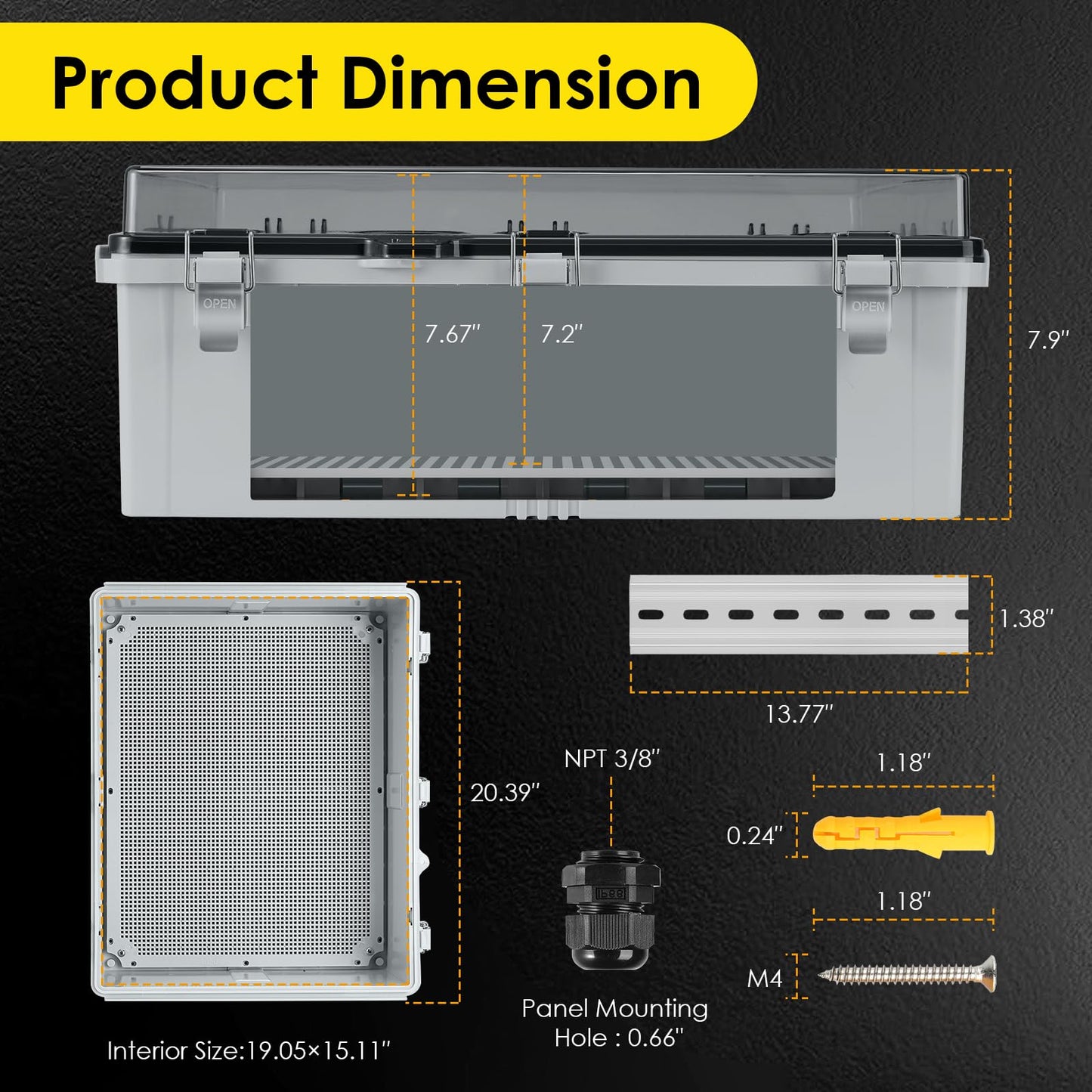 Joisyoya Waterproof Electrical Junction Box Outdoor, IP67 ABS Plastic Weatherproof Electrical Enclosure with Aluminum DIN Rail, Mounting Platem for WiFi Project, Clear (20.1''×16.1''×7.9'')