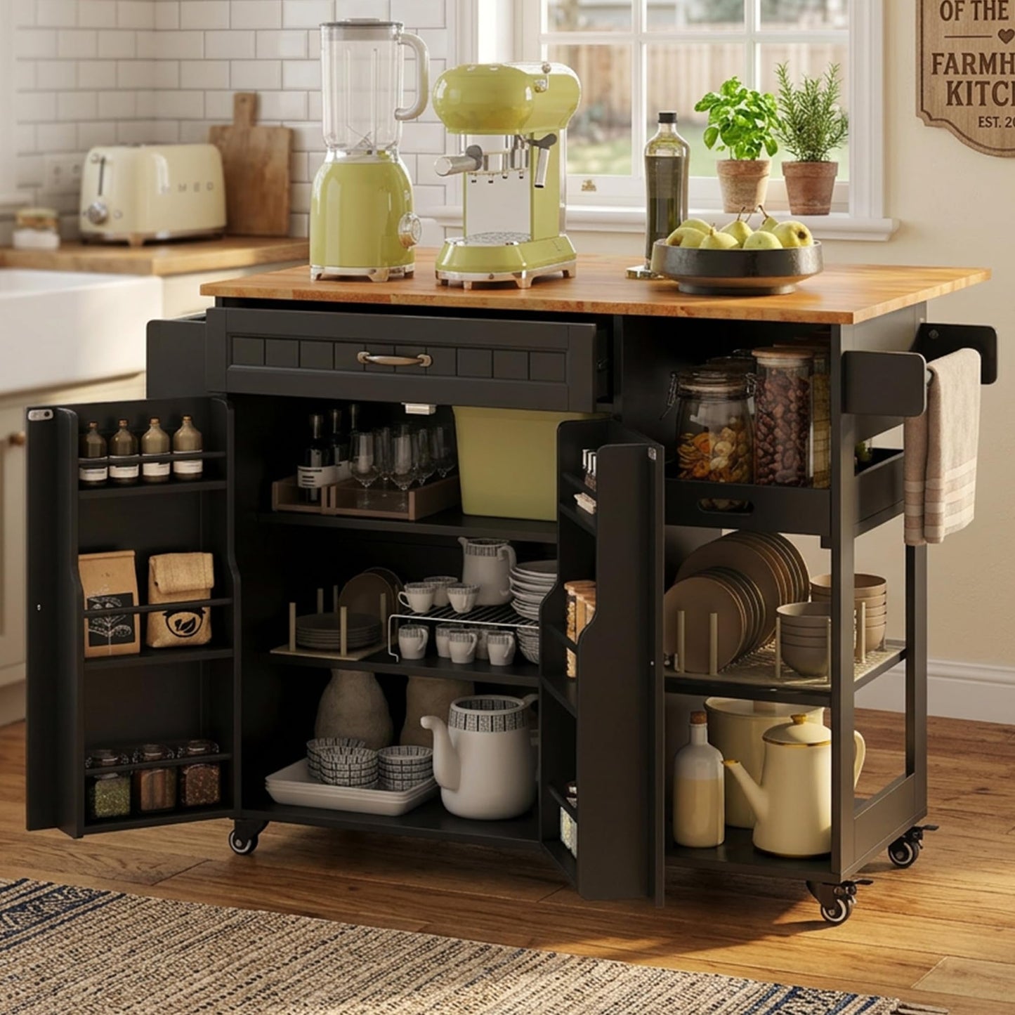 Gizoon Kitchen Island with Storage, Kitchen Island with Drop Leaf, 41.7’’W Rolling Dining Cart, Foldable Countertop, 5 Wheels, Refrigerator Door, Adjustable Shelves, Spice/Towel Rack, Black