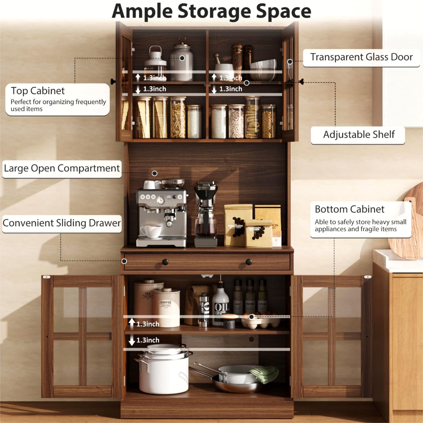 Garvee 72 Inch Kitchen Pantry Cabinet with Glass Doors, Drawer and Adjustable Shelves, Farmhouse Tall Storage Cabinet with Open Countertop, Coffee Bar Cabinet for Coffee Corner, Walnut