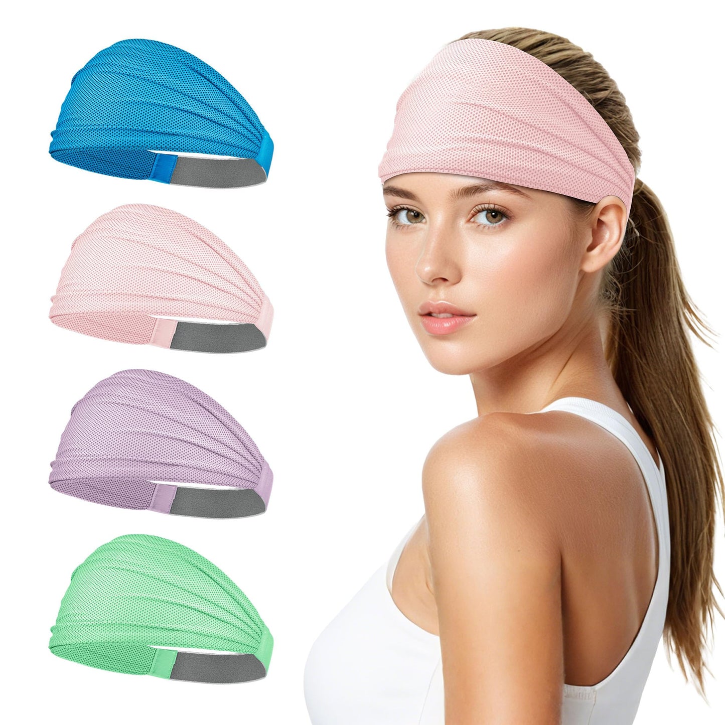 Sukeen Wide Headbands for Women, Instant Cooling Elastic Non-Slip Workout Headbands, Moisture-Wicking Sports Sweatbands for Gym, Yoga, Running, Fitness, 4 Pack, Blue/Macaron Pink/Mint Green/Lauva