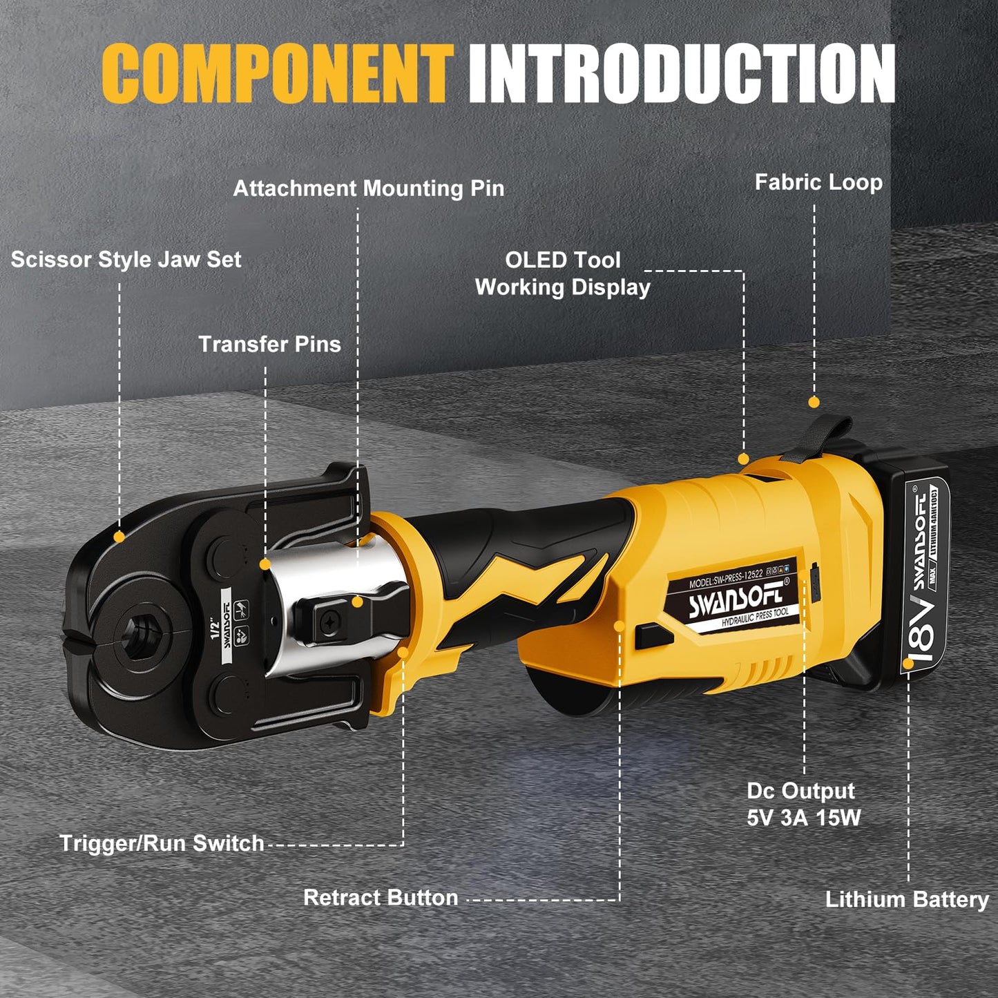 SWANSOFT Pro Press Tool, 18V 4Ah Battery Electric Hydraulic Crimping Tool for Copper Pipes with 3 US Compact VUS 1/2", 3/4'', 1",Jaws Pro Press Copper Plumbing Crimper Tool Kit (SWPR-12522Y)