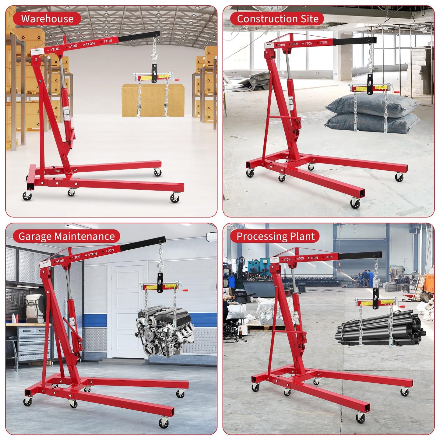 2 Ton Folding Hydraulic Engine Hoist with Load Leveler 4400 LBS Capacity Heavy Duty Cherry Picker 6 Swivel Wheels&Hydraulic Pump Adjustable Boom (0.5T-2T) for Garage Workshop Warehouse Orange