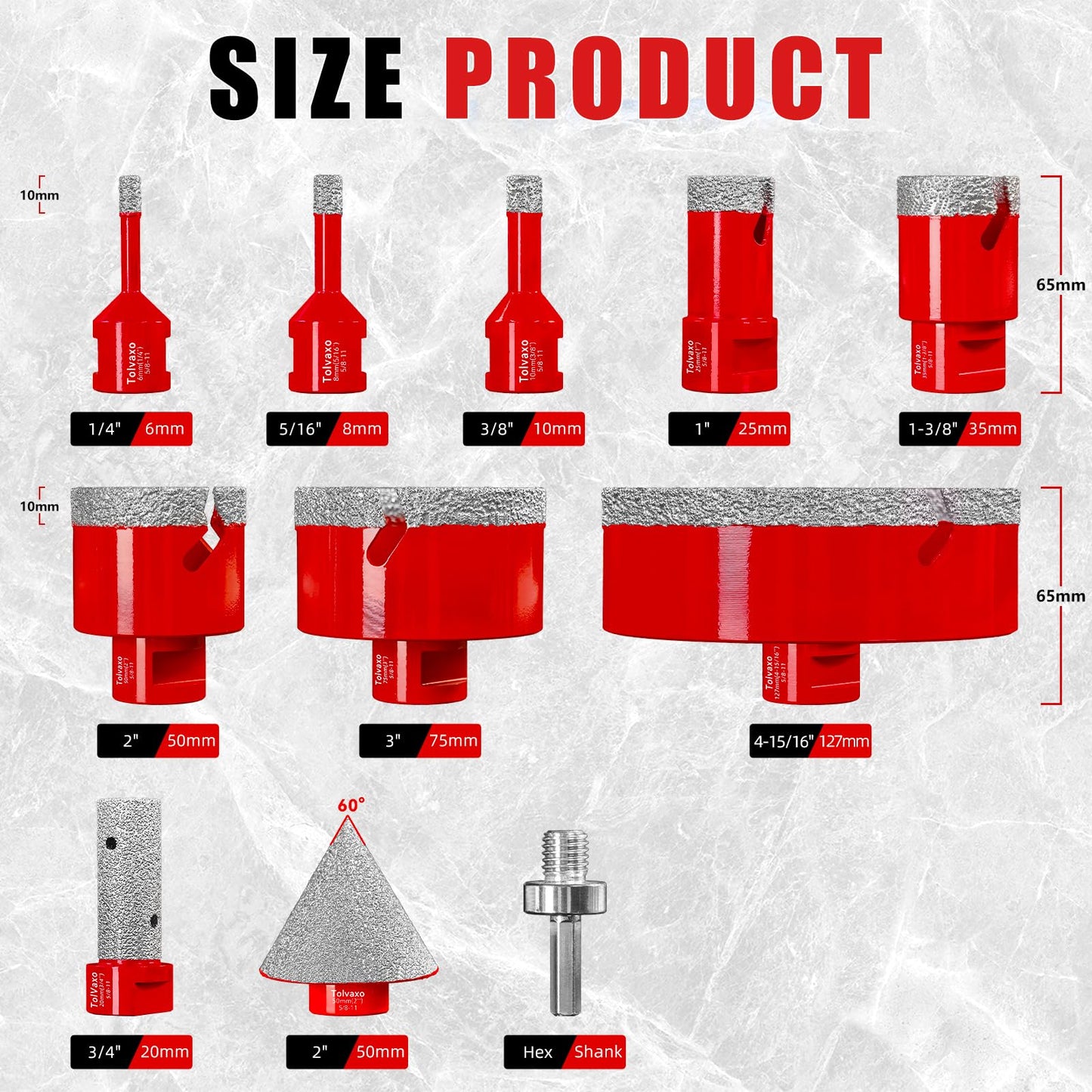 Tile Hole Saw Kit, Tolvaxo 11Pcs Brazing Diamond Hole Saw Kit for Porcelain Tile, Granite, Marble, Ceramic and More Drilling