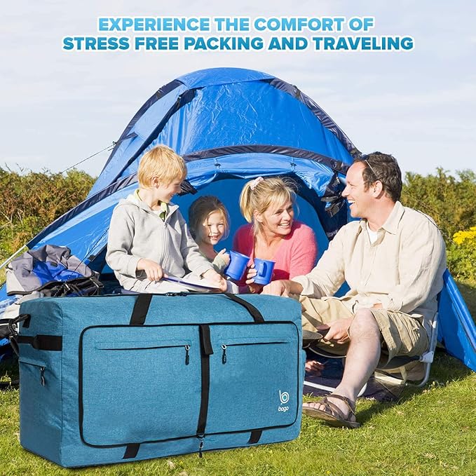 Bago Large Foldable Duffel Bags for Traveling Women & Men - 120L Packable Duffle Bag for Travel with Shoe Compartment - Water Repellant, Heavy Duty, Lightweight Folding & Collapsible (SnowBlue)