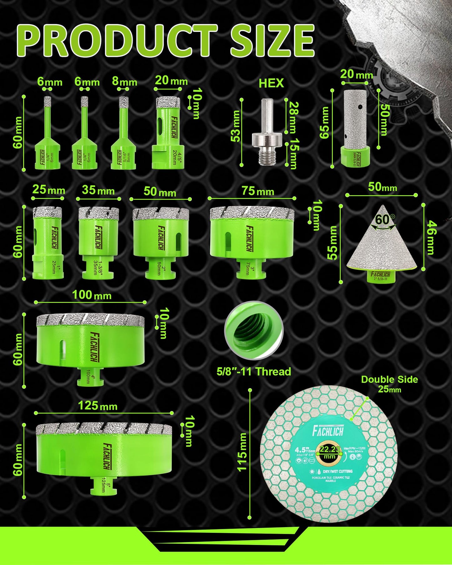 FACHLICH Tile Hole Saw Kit - 14pcs Diamond Hole Saw (6/6/8/20/25/35/50/75/100/125mm) with Finger Bit and Chamfer Bit, Tile Drill Bits for Porcelain Ceramic Marble Brick Granite,5/8"-11 Thread
