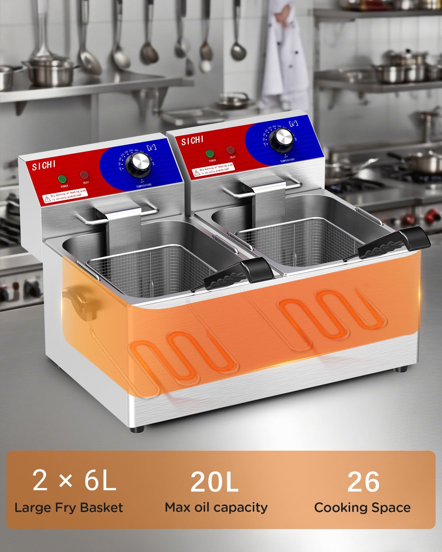 HTTSICHI Commercial Deep Fryer - 26 L Large Deep Fryer with 10 L Basket, Commercial Deep Fryer with Basket (2Pcs), Stainless Steel Countertop Deep Fryer w/Adjustable Temperature and Restaurant Use