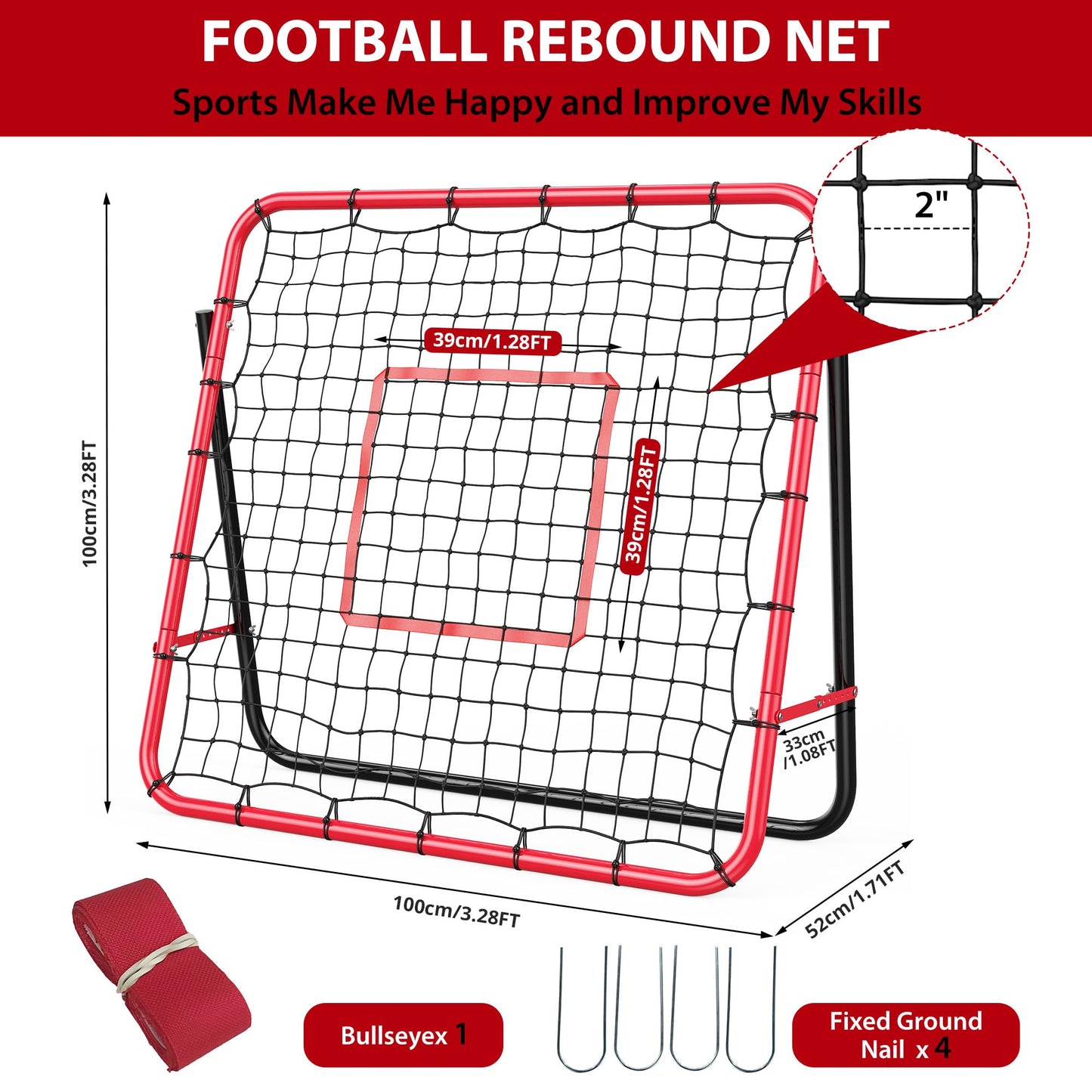 Garvee 3.3x3.3 FT Soccer Baseball Rebounder Adjustable Soccer Goal and Bounce Back Net with Steel Frame Multi-Sport Training Equipment for Control Passing Practice Easy Setup Teens Adults