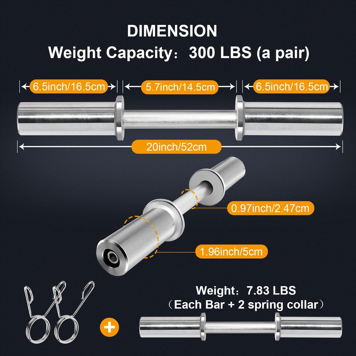 Uboway Olympic Dumbbell Handles: 20" Dumbbell Set for 2" Olympic Weight Plates, Weight Lifting Handles with 2 Pair of Spring Collars, Home Gym Accessories