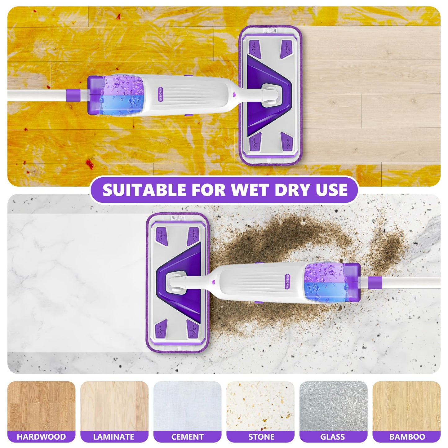 Double Bottle Spray Mop Series - Enspoway Dust Floor Mop with Washable Pads x3 for Wet Dry Home Bathroom Office Commercial for Hardwood Laminate Wood Marble Tiles Ceramic Floor Cleaning