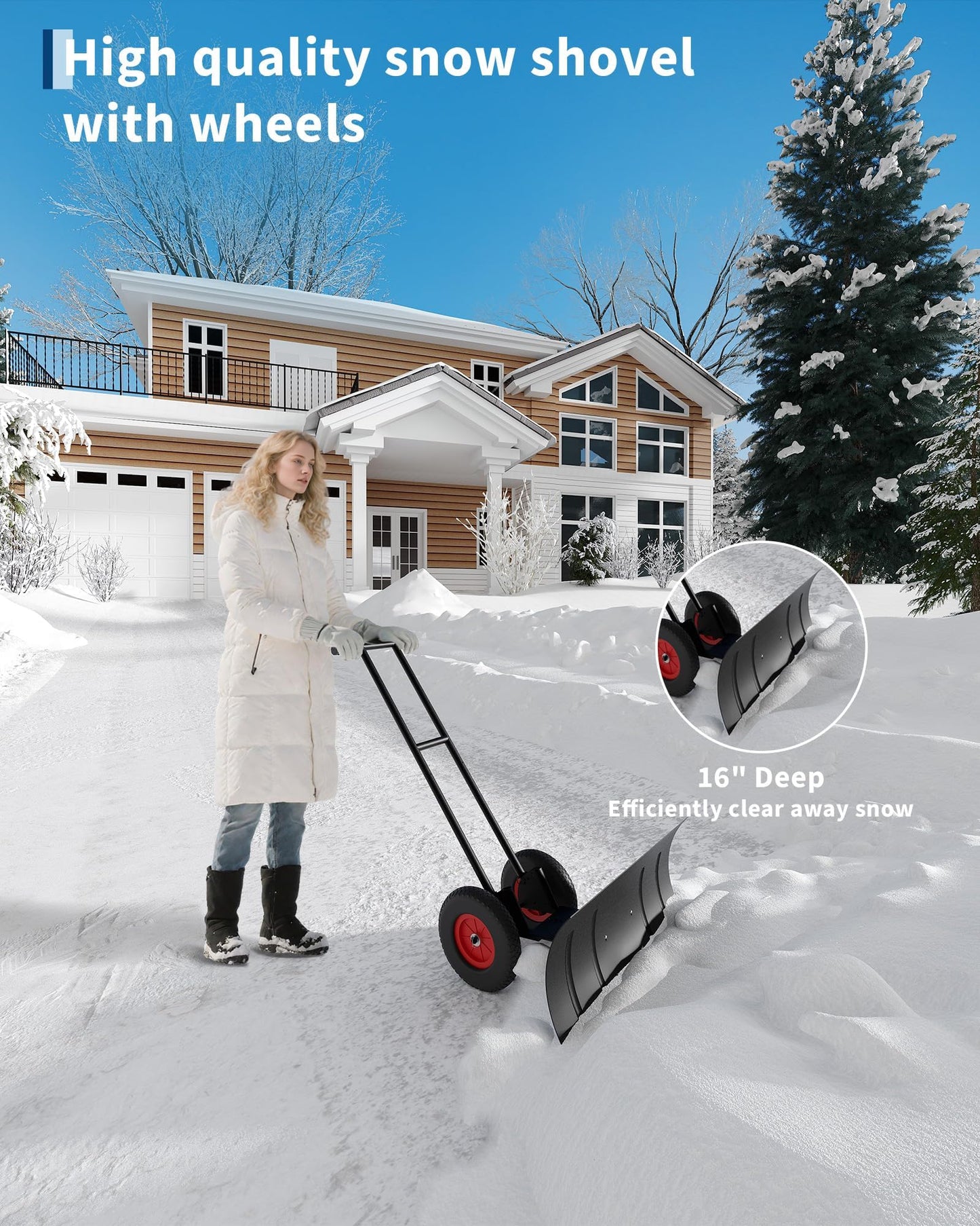 Garvee Snow Shovel, Garvee Heavy Duty Snow Pusher for Driveway with Adjustable Handle and Angled Blade, Efficient Snow Shovel with Wheels, Snow Pusher for Doorway, Sidewalk, Deck (40 Inch)