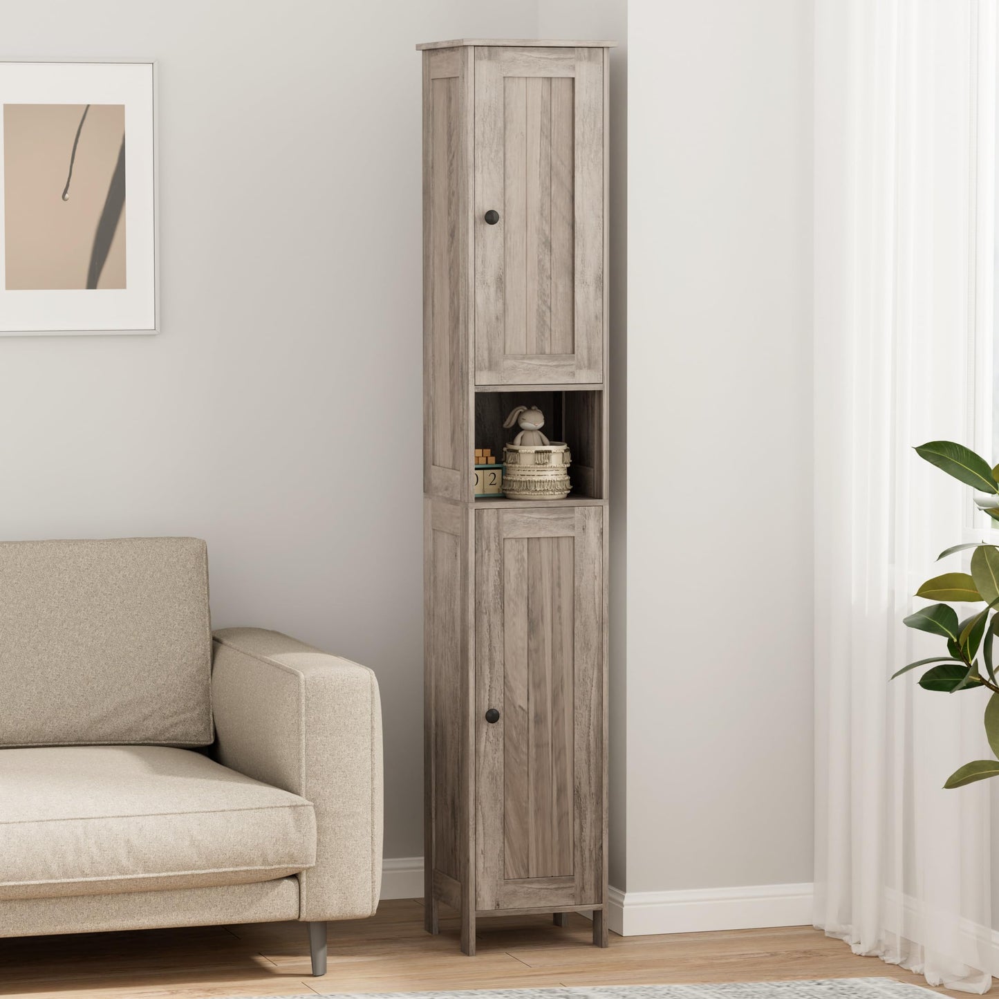 Homleke Tall Bathroom Storage Cabinet with 2 Doors, 67"H Narrow Storage Cabinet with Adjustable Shelves& Anti-Tip Design, Reversible Door Installation, Easy Assembly, 11.8 x 11.8 x 66.9 Inches, Greige
