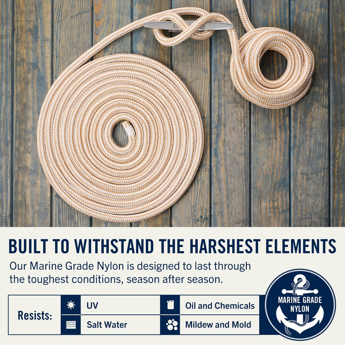 RainierSupplyCo Dock Lines - Boat Rope for Docking with Loop - 30 ft x 3/4 Inch Premium Double Braided Nylon Marine Rope - Mooring Line with 18" Eyelet - Boat Accessories - White Gold