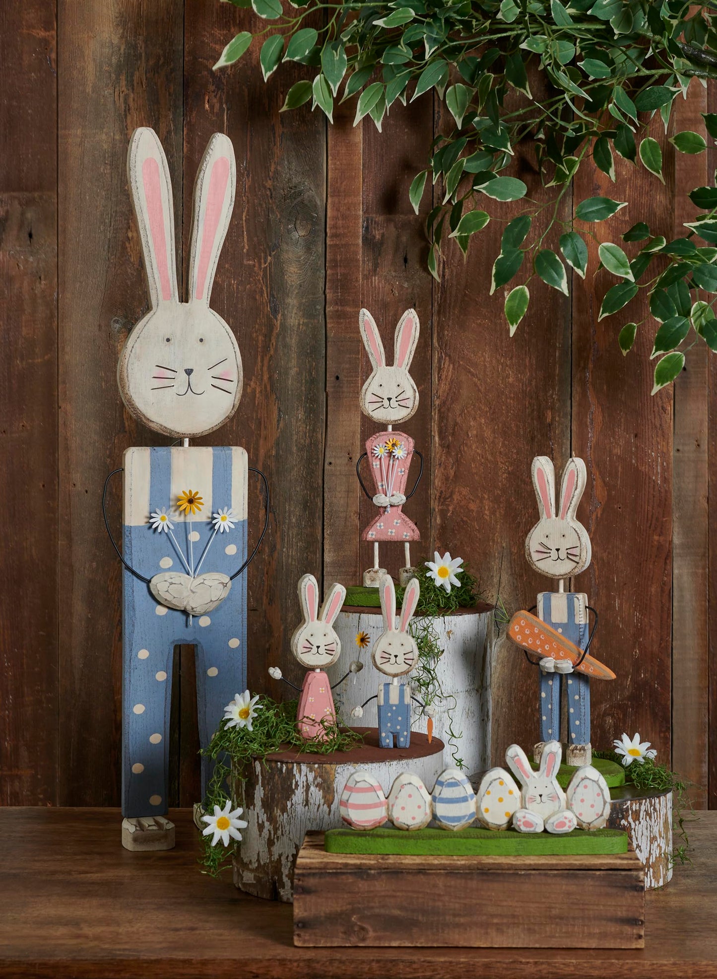 Primitives by Kathy Handmade Easter & Spring Collection Bunny & Eggs Wood Sitter and Green Grass Base