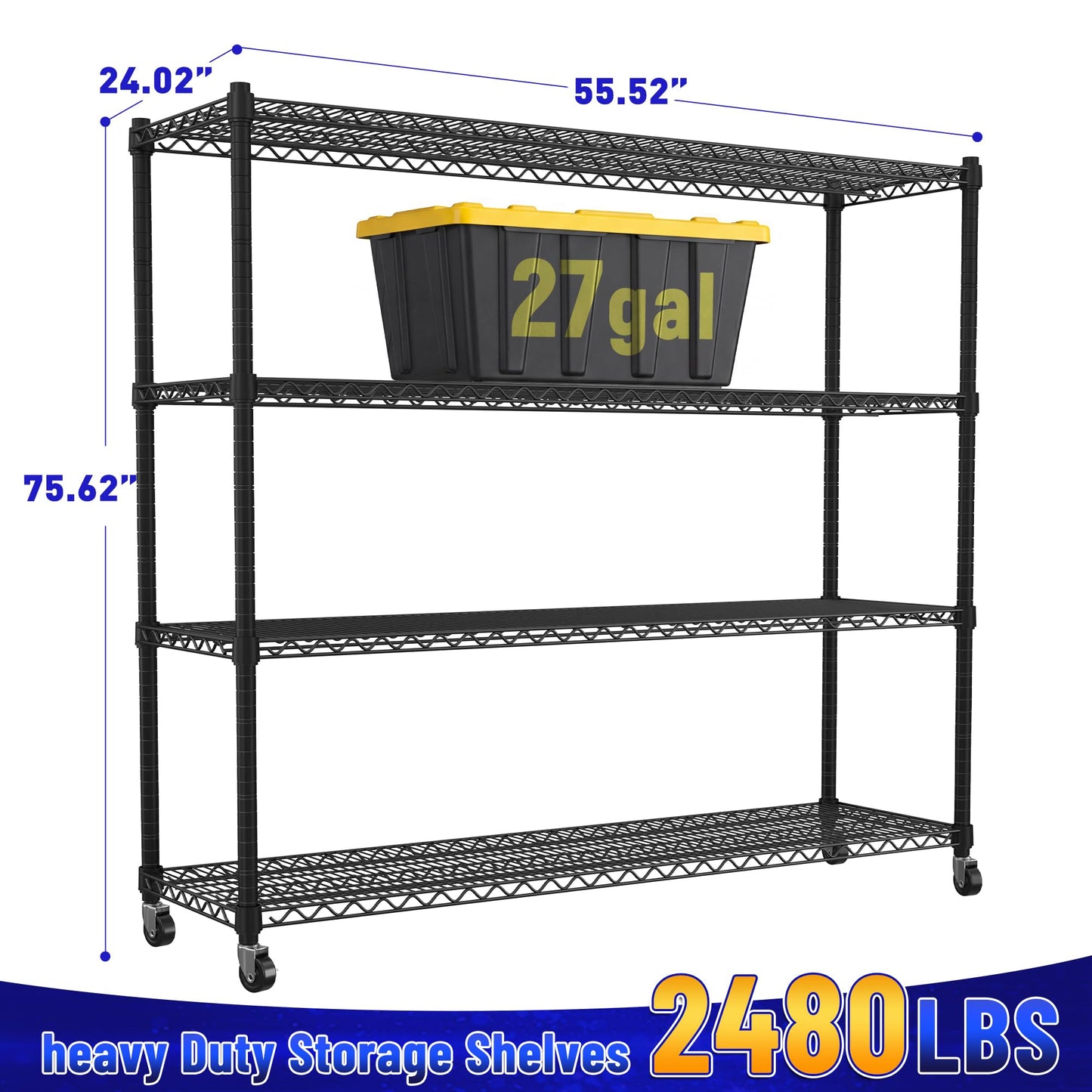 REIBII 2480LBS Capacity Heavy Duty Storage Shelves with Wheels, 1-Inch (25.4mm) Steel Tube, Adjustable Wire Shelving for Garage, Warehouse, Pantry & Commercial Use, 75.6" H x 55.5" W x 24" D