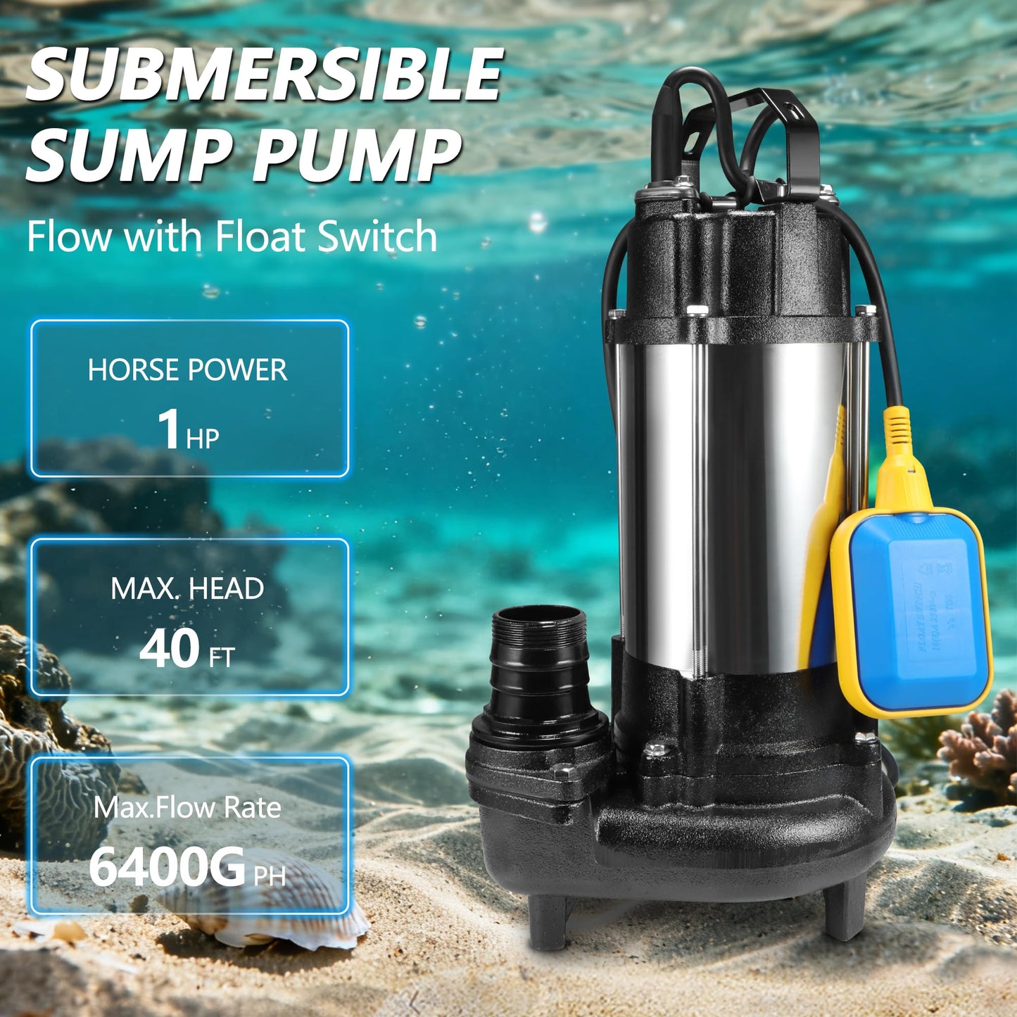 Sewage Grinder Pump, 1HP Sump Pump Submersible 110V 6400GPH 40Ft Max Head, Stainless Steel Cast Iron Effluent Pump with Auto Float Switch 2'' NPT for Basement Basin Sewage Well Pond Swimming Pool