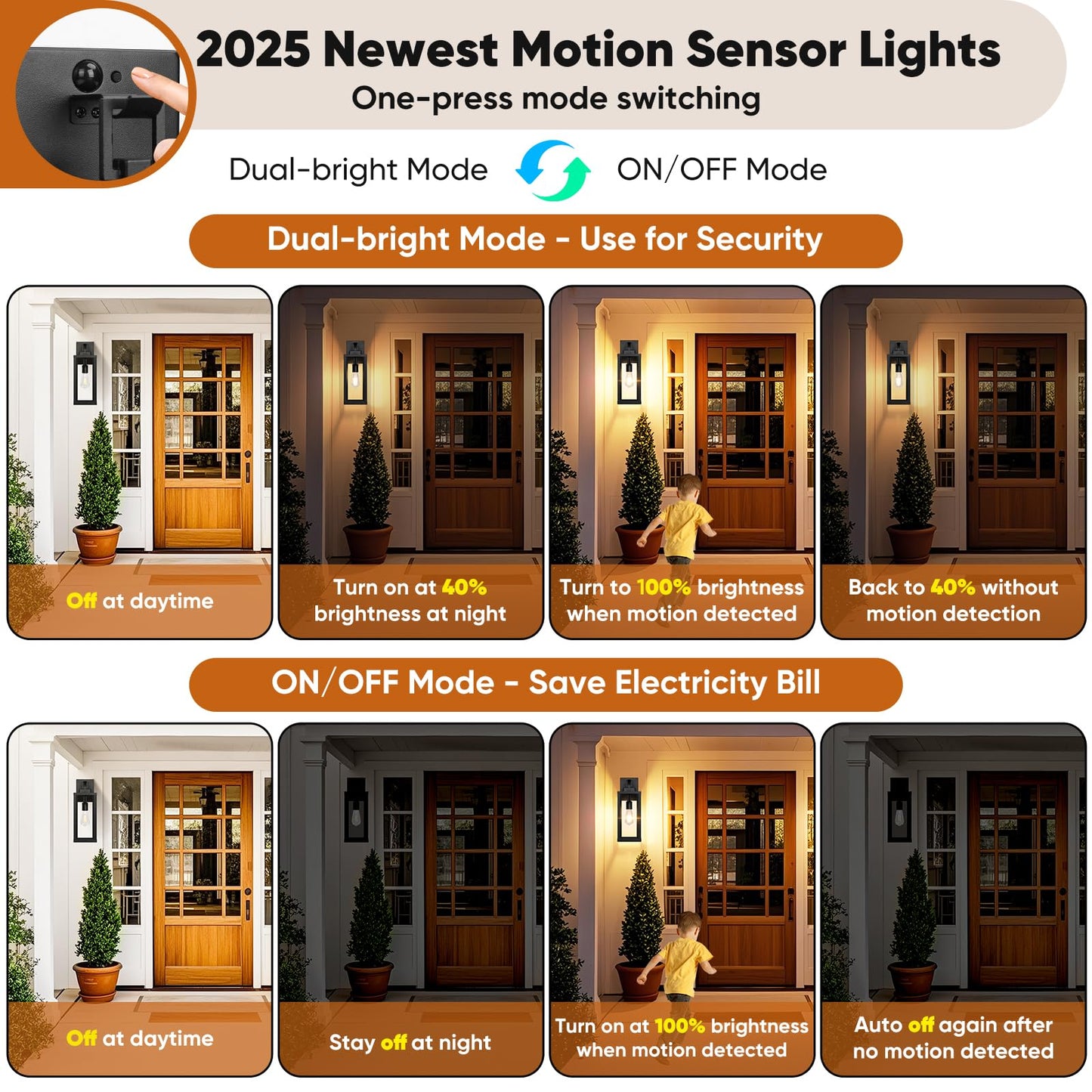 BesLowe Motion Sensor Outdoor Wall Lights, Dusk to Dawn, 16in, Black, Metal, Model A927M, 2-Pack