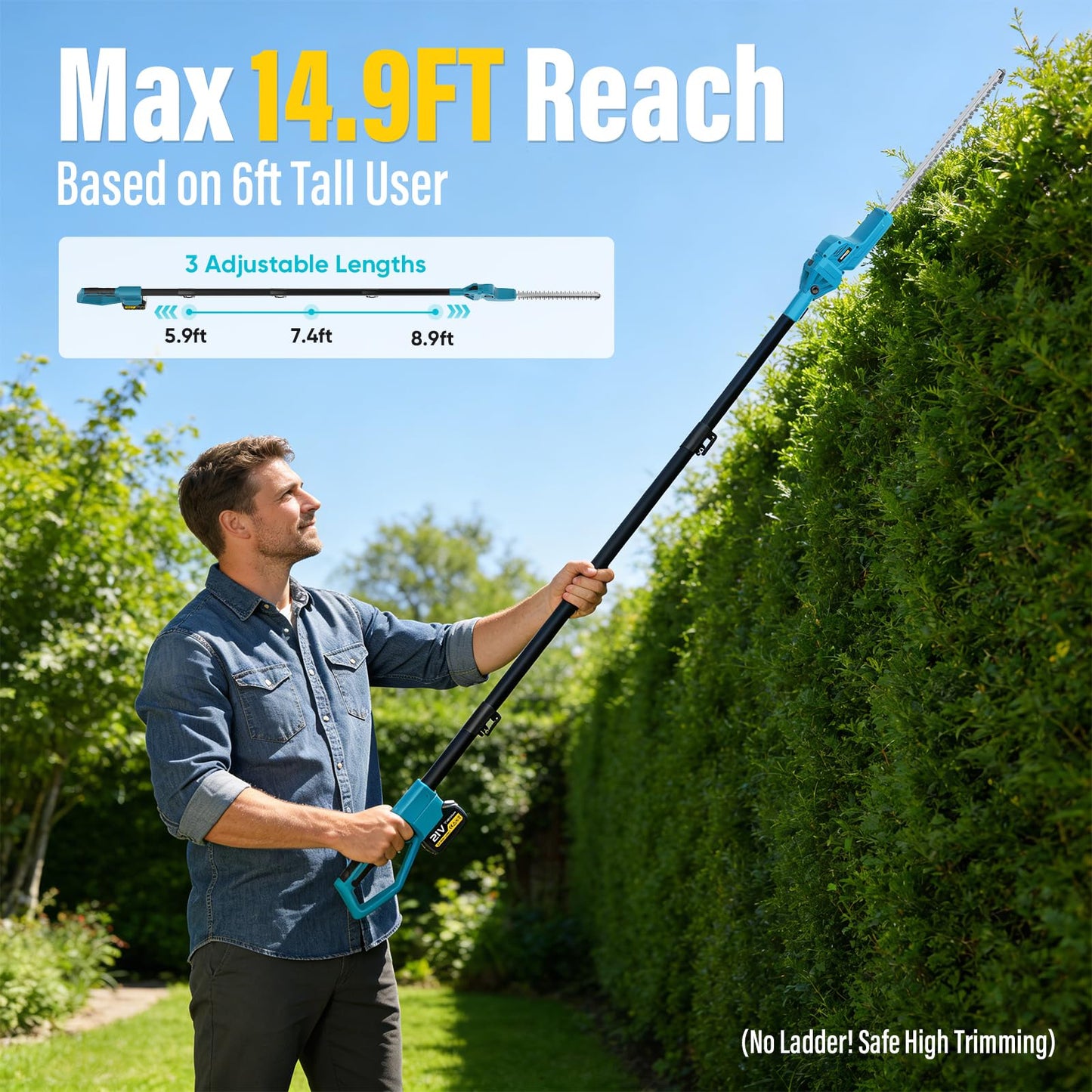 Brushless Pole Hedge Trimmer Cordless, 20.5" Dual-Action Blade，180° Adjustable Head Electric Bush Trimmer, 2×4000mAh Batteries, Up to 14.9FT Reach Battery Powered Hedge Trimmers for Shrubs Pruning