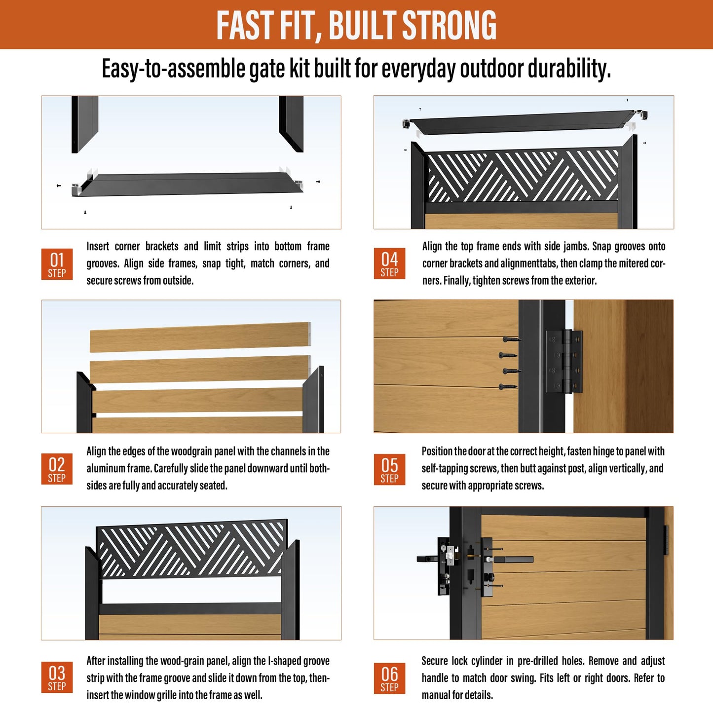 TORMIZ 4x6 FT (46.8"x70.8") All-Aluminum Fence Gate Kit with Wood-Grain Panels – Heavy Duty Anti-Sag Metal Gate Frame, Pre-Installed Left/Right Mount (All-in-One Kit, Panels Included)