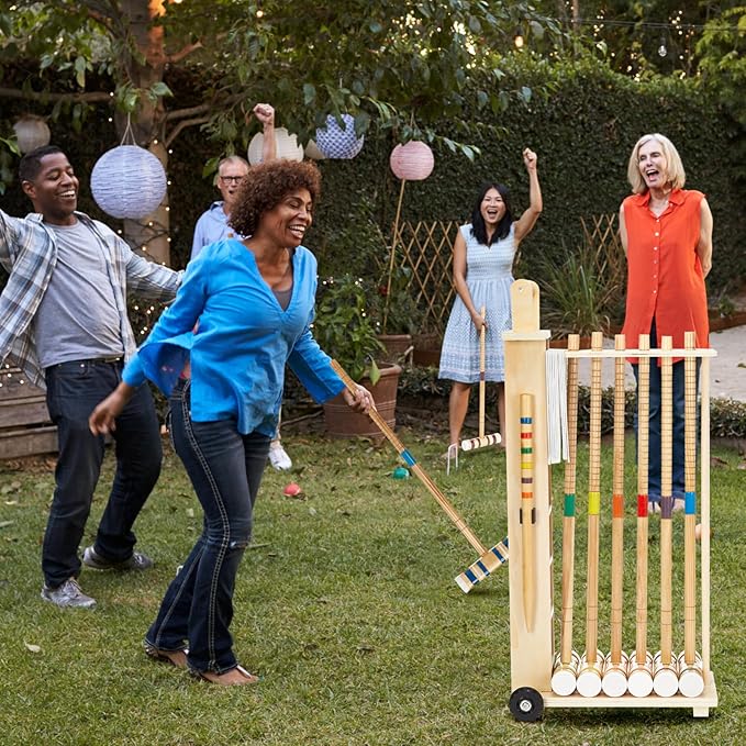 Hiboom 6 Player Croquet Set for Adults & Kids with Wooden Stand, Rubber Wooden Mallets, Colored Balls and Steel Wicket for Family & Friends, Great for Outdoor Lawn, Backyard Park