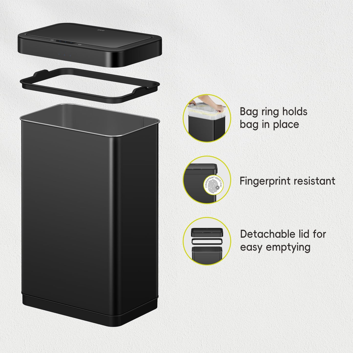 EKO EcoNova 13.2 Gallon/ 50L Automatic Sensor Kitchen Trash Can, Stainless Steel Touchless Garbage Bin with Soft-Close &Stay-Open Lid, Fingerprint-Resistant, Matte Black