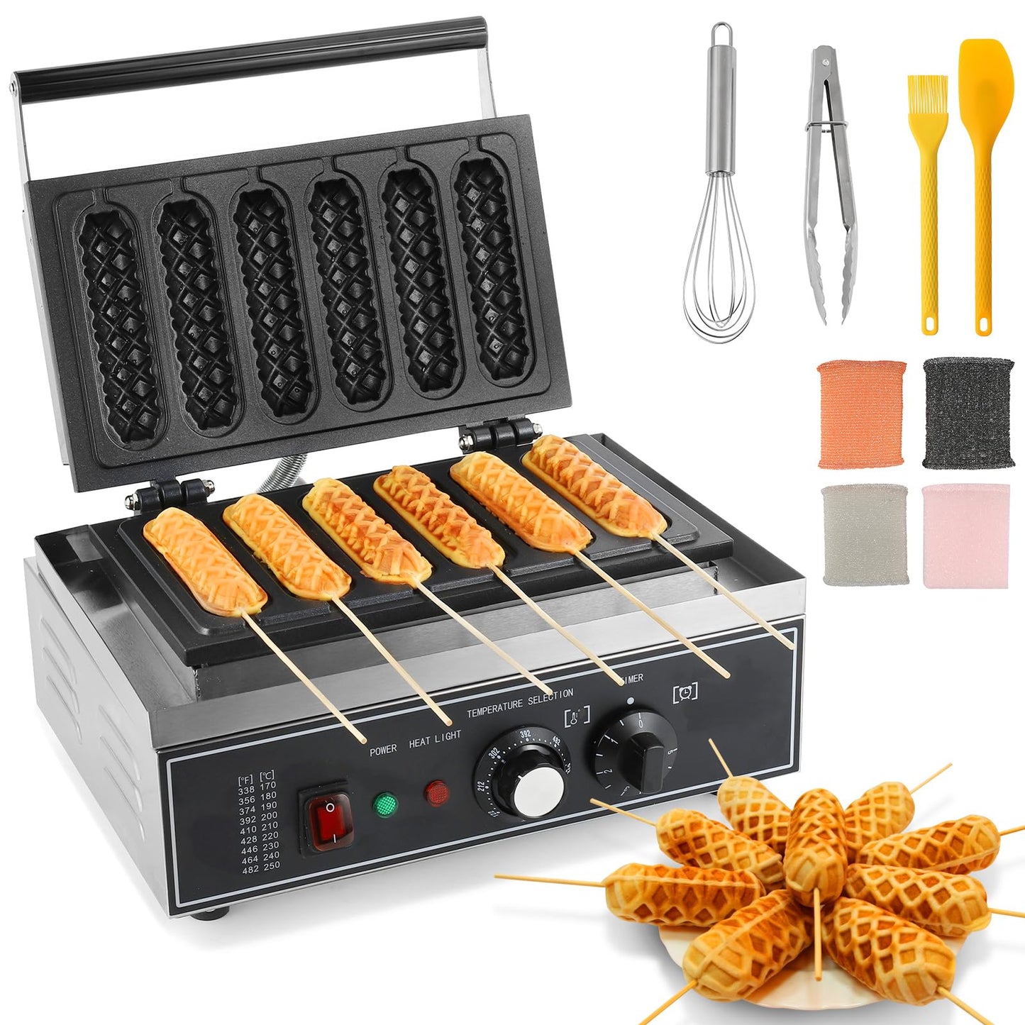 Hiteemer Corn Dog Maker - 1550W Commercial Waffle Stick Maker 6Pcs Non-stick Stainless Steel Corndog Maker Machine 572 ℉ Temperature and Timer for Restaurant Bakery Snack Hotel