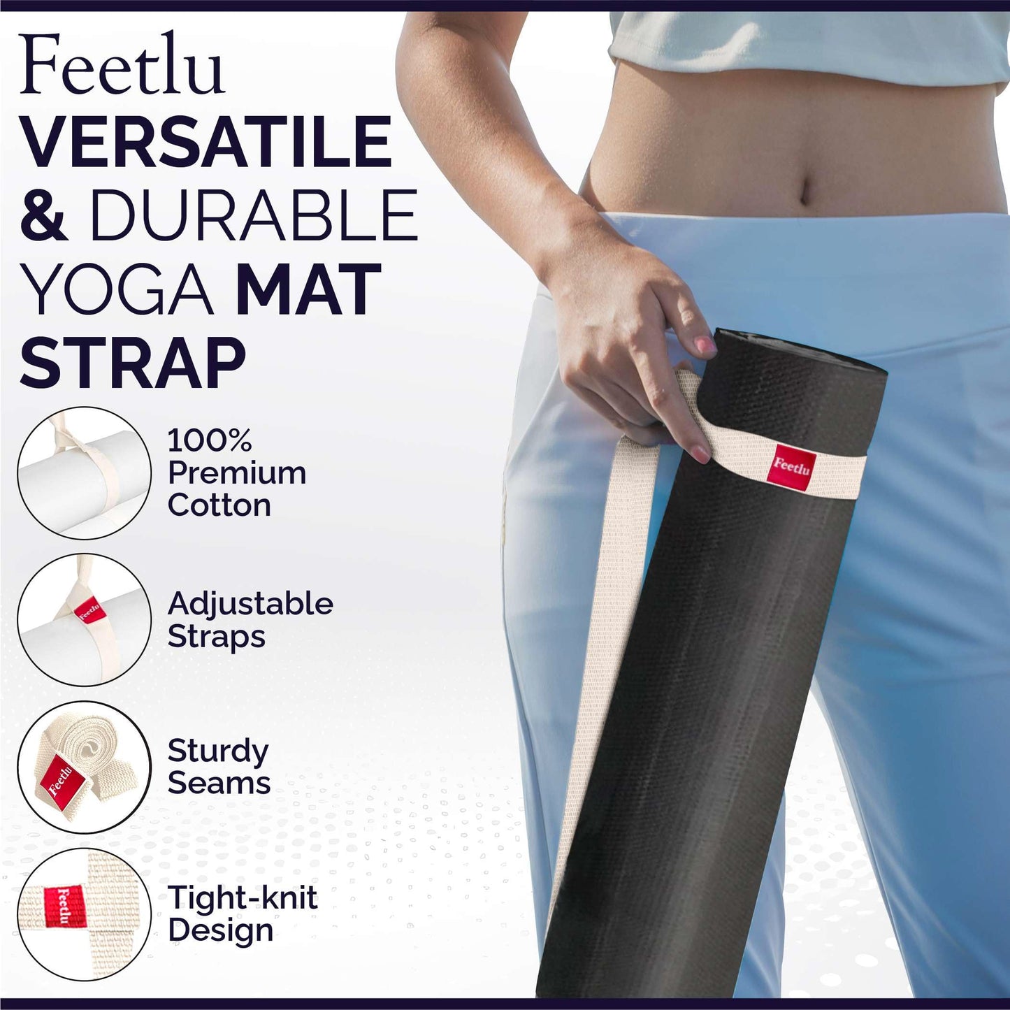 Feetlu Yoga Mat Strap – 2-in-1 Adjustable Cotton Sling for Carrying & Stretching | Non-Slip, Durable & Versatile for Yoga, Pilates, Fitness & Home Workouts