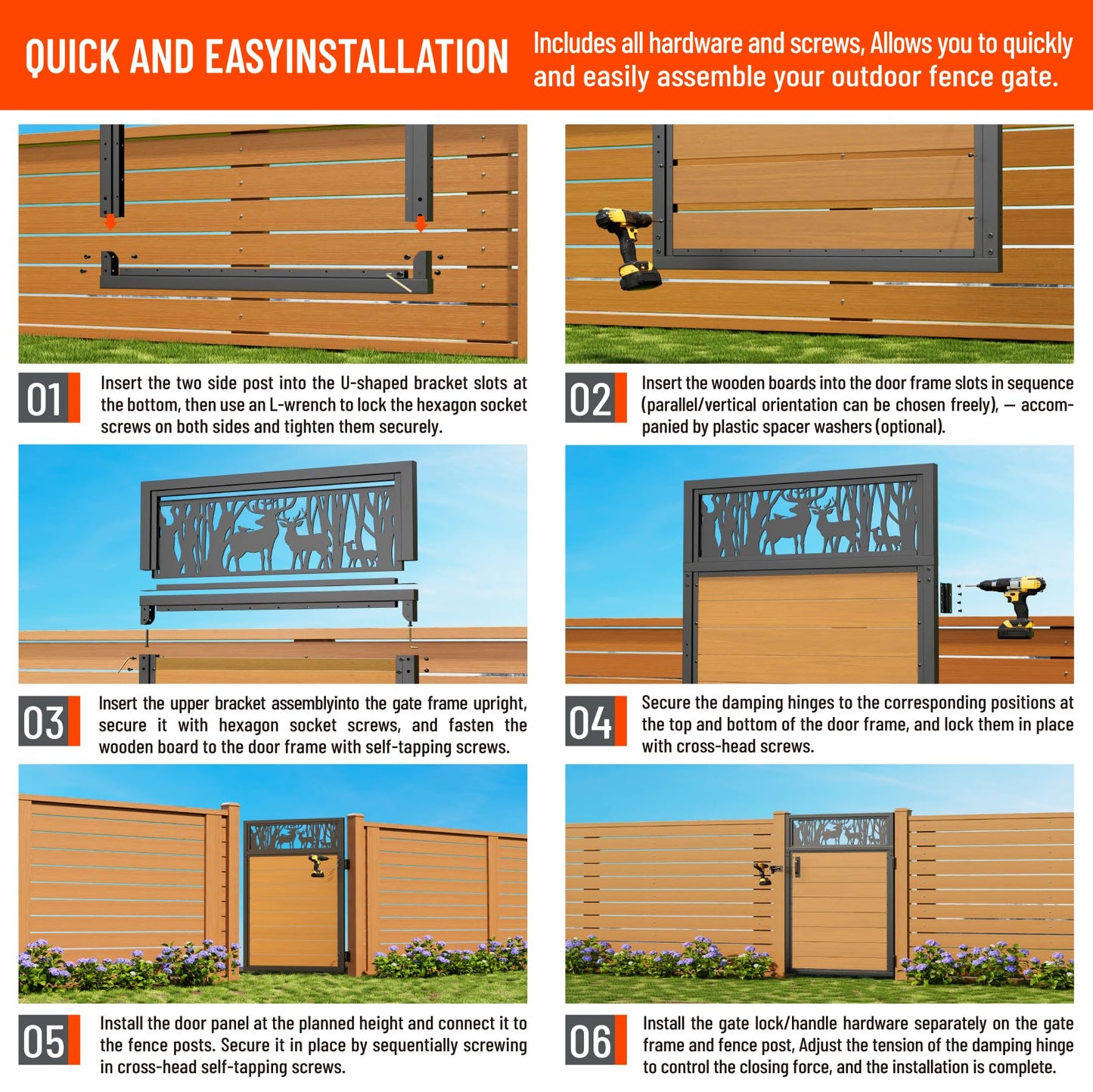 Uphode 3x5FT(34.8" x 59") 201 Stainless Steel Fence Gate Kit Heavy Duty, Anti Sag Metal Fence Gate Frame Kit with Aluminum Board, Morden Garden Gate Hardware Kit Outdoor (Left/Right Free-Installation)