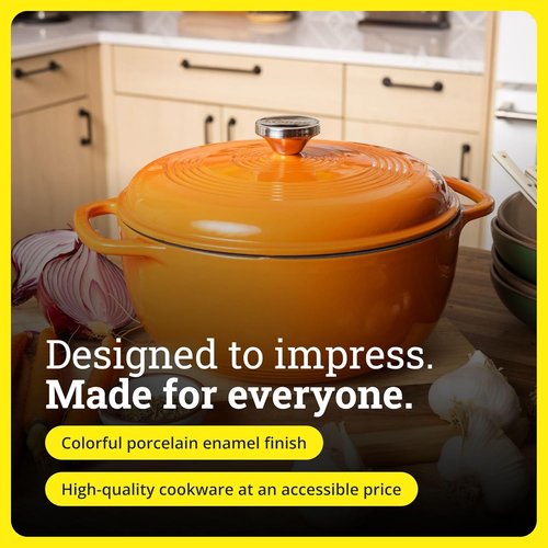 Lodge Enamel Cast Iron Dutch Oven - 6 Quart Moisture-Sealing Lid & Dual Handles - Ideal for Baking & Slow Cooking - Pumpkin