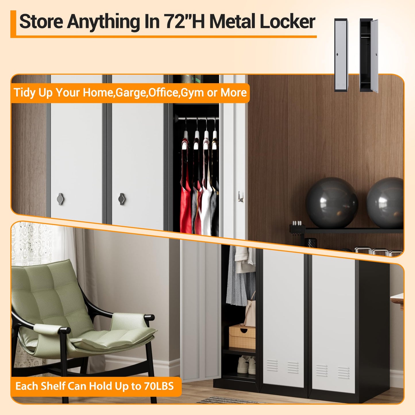 IDEALHOUSE Metal Locker, Metal Storage Cabinet with Shelves and 1 Door, Perfect for Employees and Students, Fits Schools, Garages, Offices, Gyms, and Homes, Easy Assembly, Grey and Black
