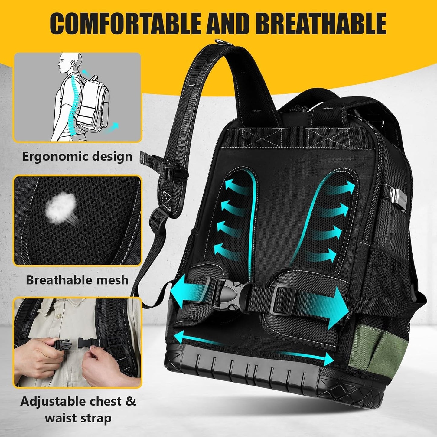 UUP Heavy Duty Tool Backpack - Large Waterproof Tool Organizer with Molded Hard Bottom | Ideal for Electricians & Contractors