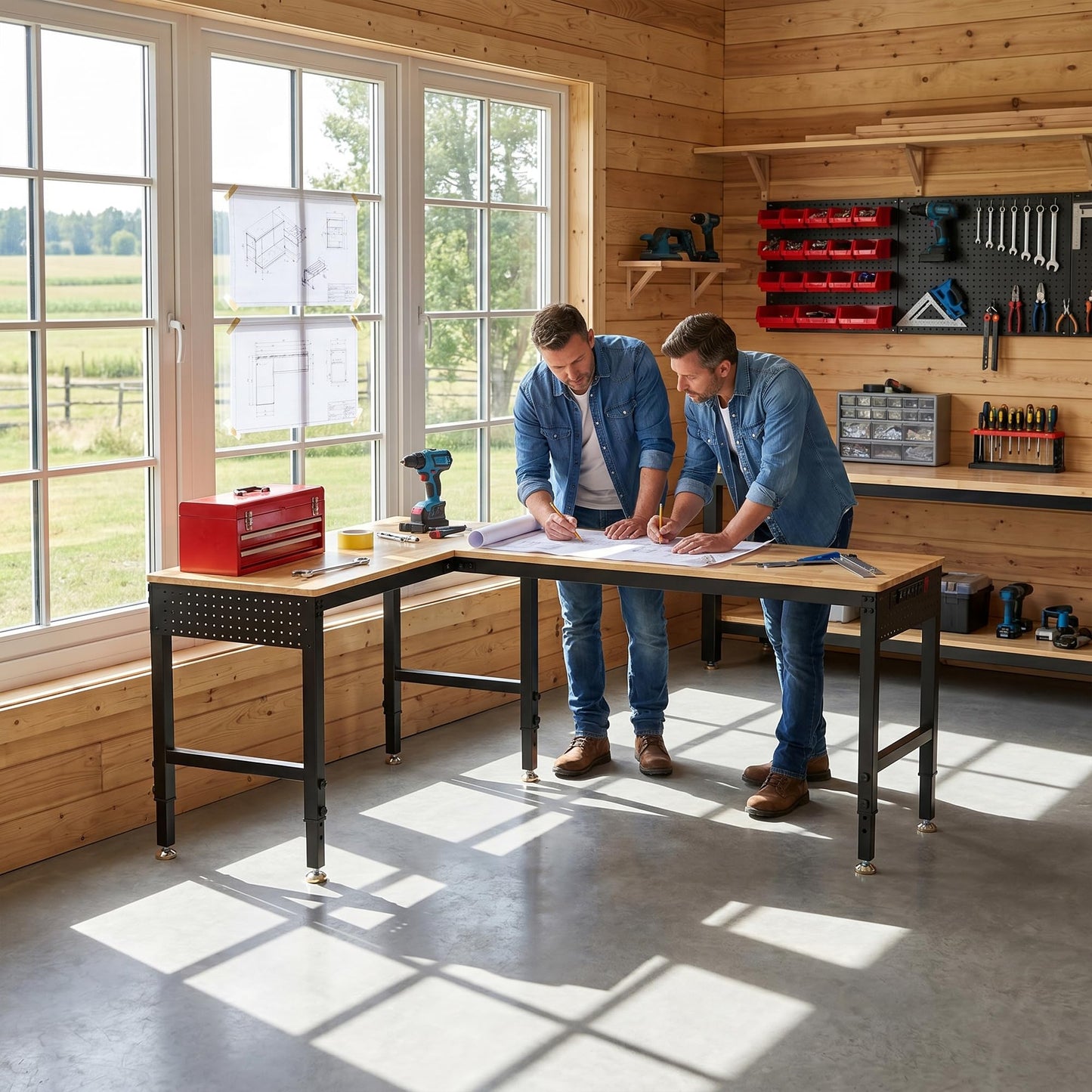 Betterhood 96" 2-in-1 Convertible Adjustable Workbench, L-Shaped & Extended 5000 LBS Heavy Duty Work Table with Power Outlets & Pegboard, Rubber Wood Workstation for Garage, Workshop