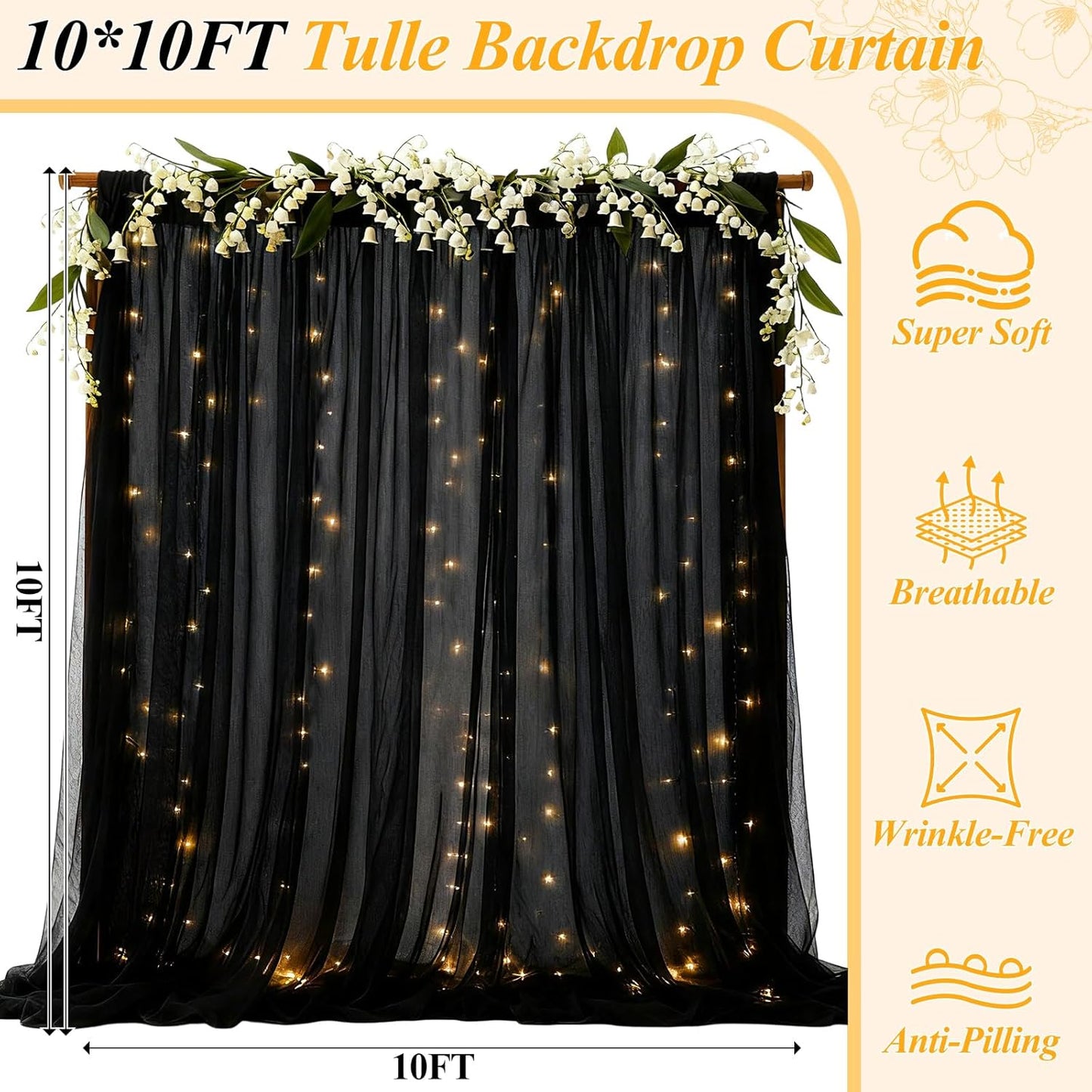 Ledido 1010ft 300LED Decoration(2 510ft)Black Black Tulle Backdrop Curtains with Lights String - Fairy Lights Sheer