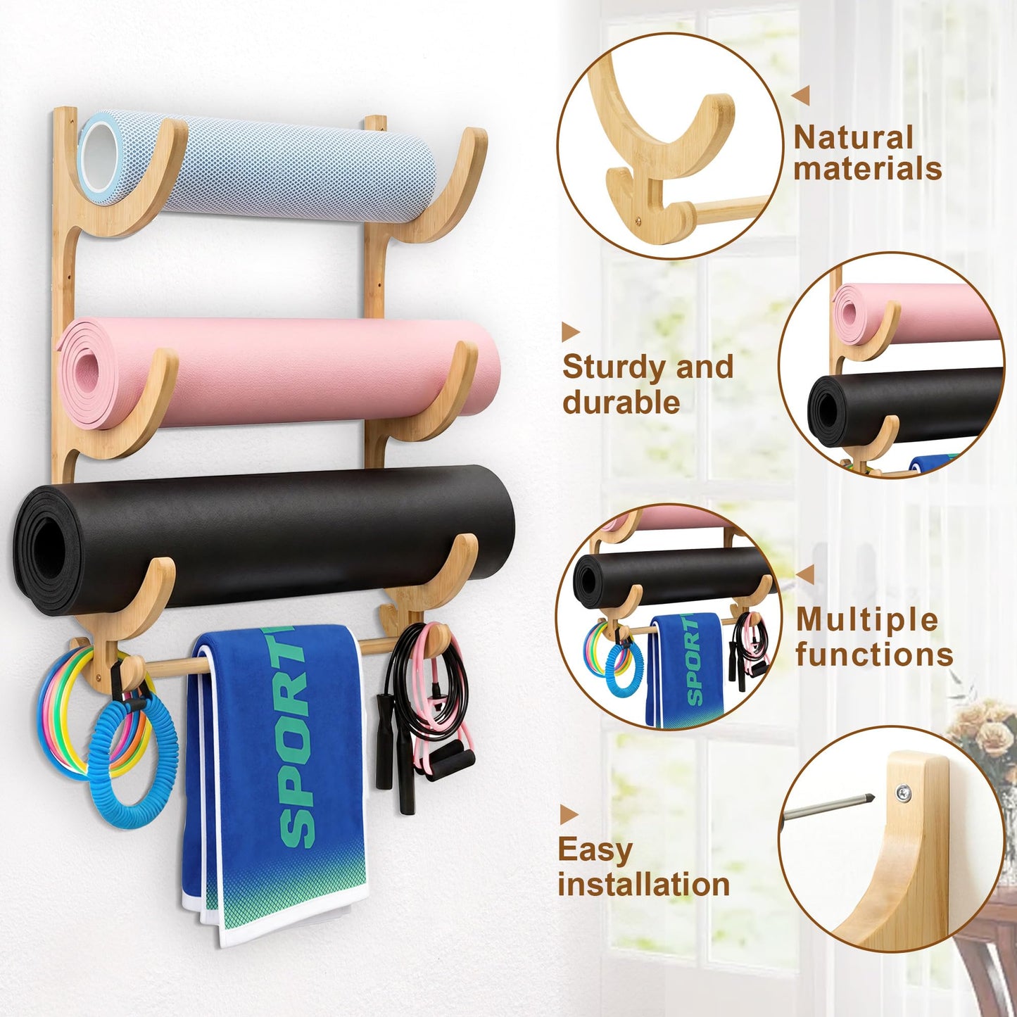 Upgraded 3 Tier Wooden Yoga Mat Holder Wall Mount with Bottom Hanging Bar, Yoga Mat Storage Rack with 4 Multi-Purpose Hooks, Foam Rollers and Resistance Band Hanger for Home Gym or Fitness Class