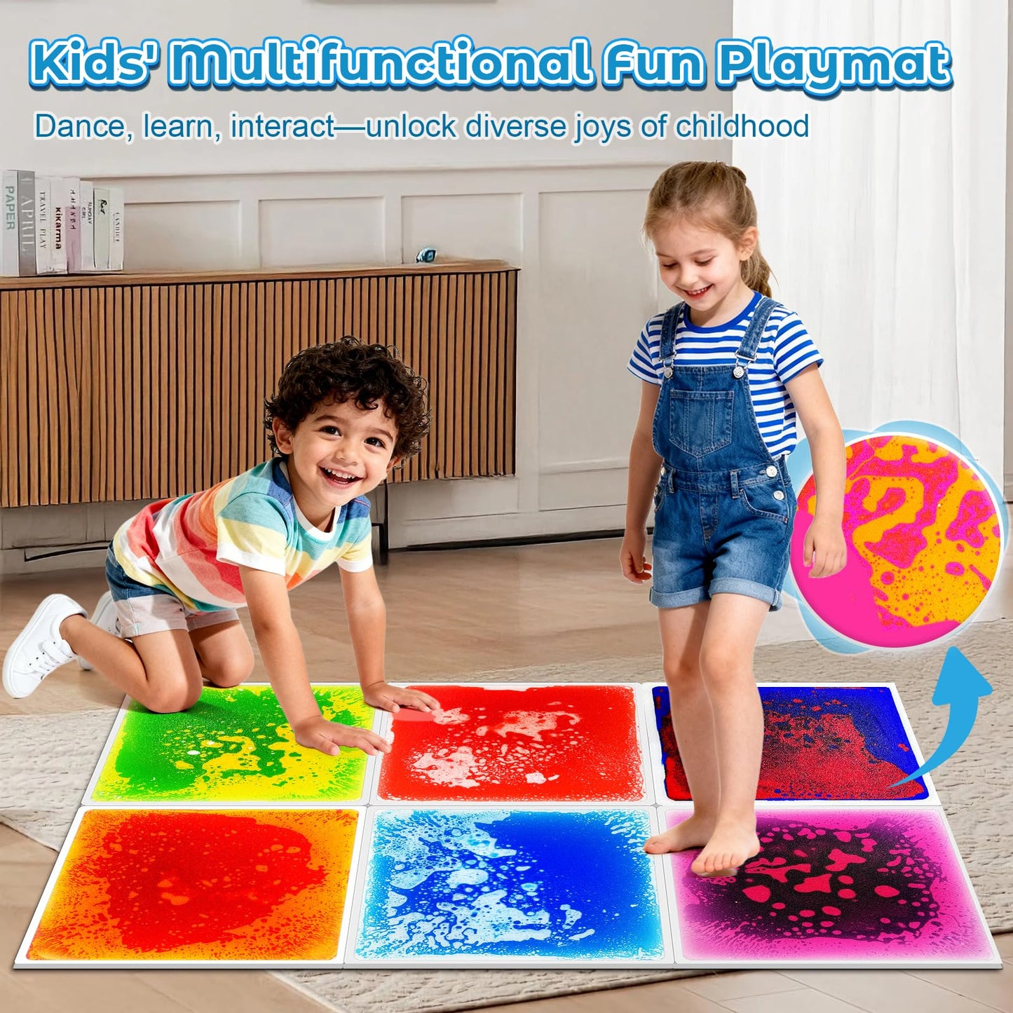 Toddler Sensory Liquid Floor Mats - 6-Piece Liquid Play Mat Pack, 12" x 12" Square Sensory Puzzle Mats for Autism, Lava Brick Dance Step Mats, Montessori Gross Motion Toys for Preschool Classrooms