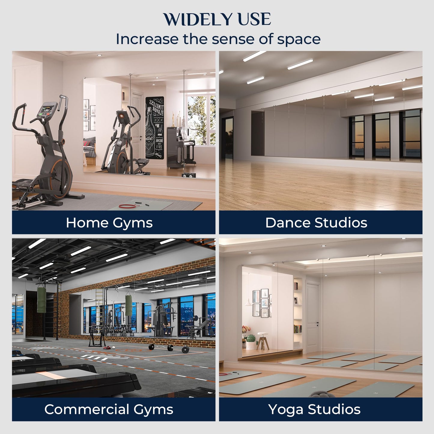 Keonjinn Home Gym Mirror, 48" x 24" x 2Pcs, Large Exercise Mirror, Frameless Full Body Mirrors, Tempered Glass, Wall Mounted for Gym, Yoga, Bedroom, Dance Studio