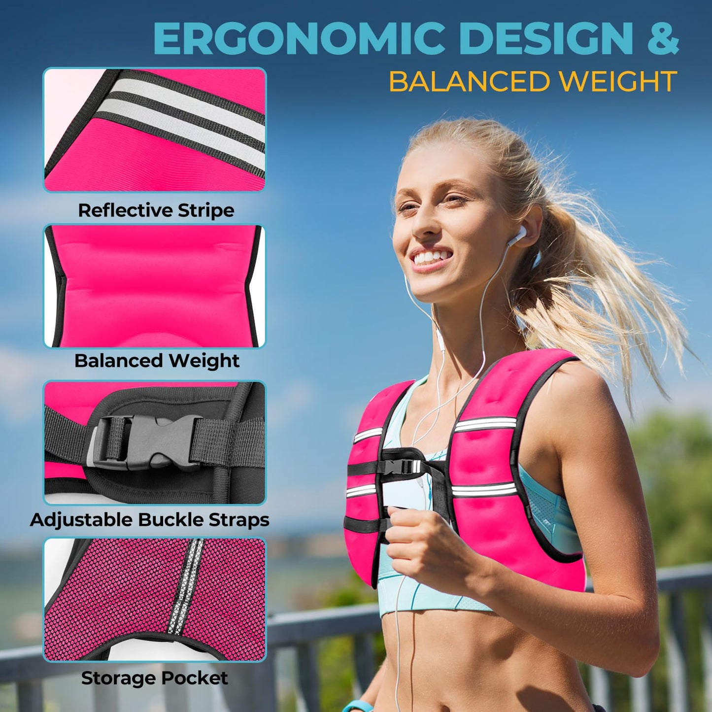 Weighted Vest, 8lb/12lb/16lb/20lb Weight Vest with Reflective Stripes for Men Women, Two Adjustment Straps for Workout, Strength Training, Running, Fitness, Muscle Building, Weight Loss (8lb)