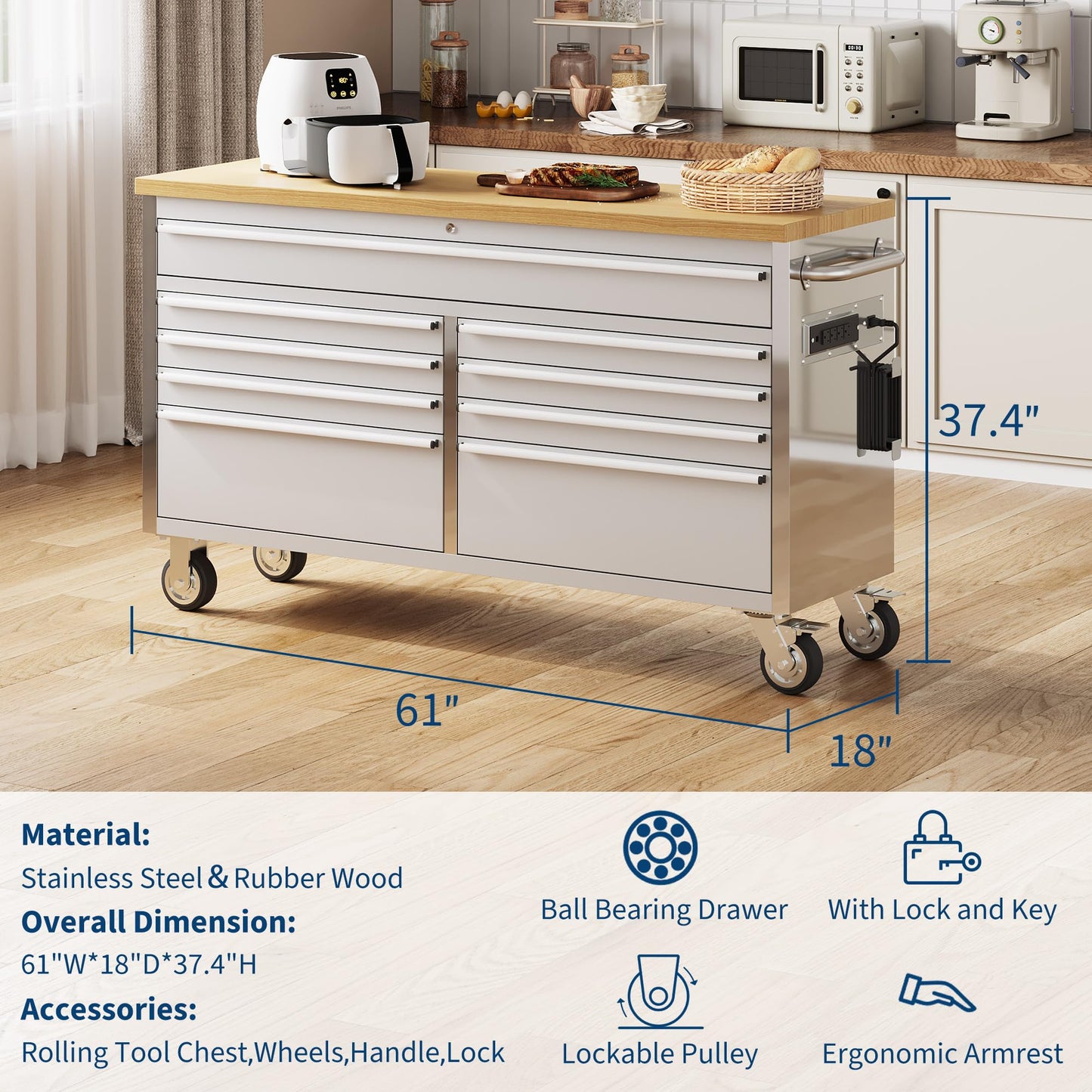 GarveeLife 61-Inch Rolling Tool Chest with 9 Drawers Garage Workbench, Solid Rubberwood Top, Storage Cabinet with Wheel Lock and Key Lock for Workshop, Garage, Kitchen and Home