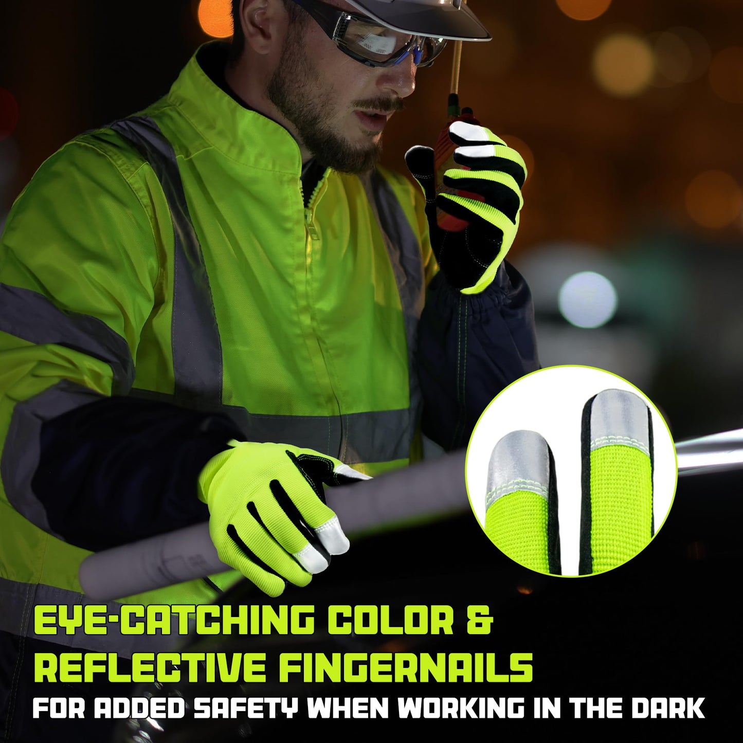 HANDLANDY Mens Hi-vis Reflective Safety Work Gloves Touch screen, Pack of 10 Pairs Synthetic Leather Padded Utility Gloves