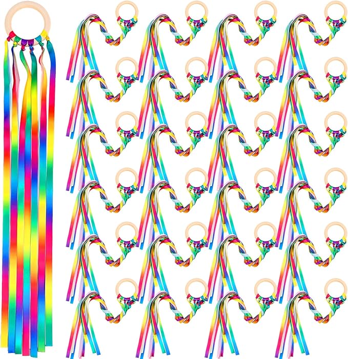 Junkin Ribbon Rings Hand Kite Waldorf Toys Dancing Wrist Ribbons Rainbow Streamers with Wood Ring Sensory Learning Educational Toy for Playroom Dancing Birthday Party Gift(Gradient,24 Pcs)