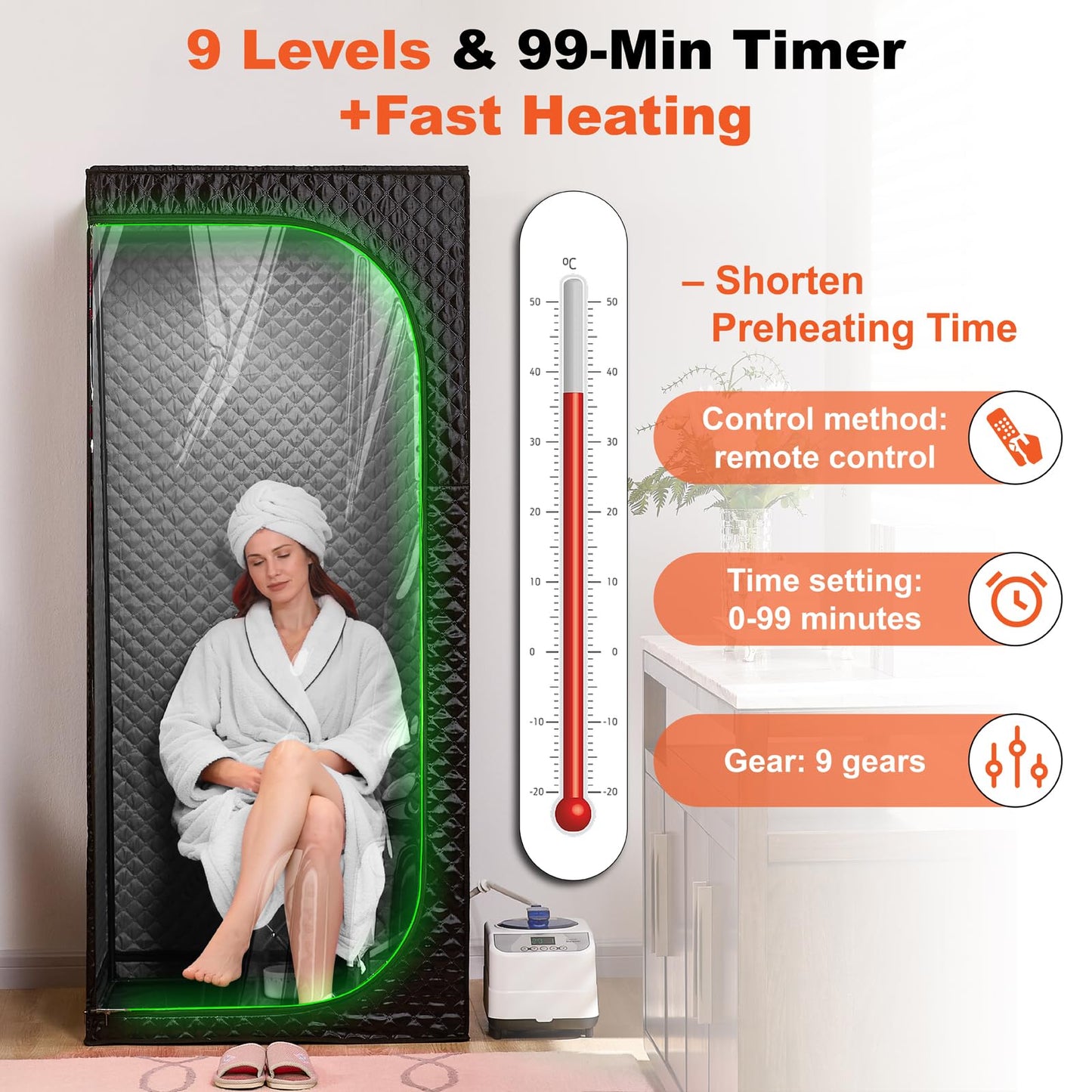 UNANEST Portable Steam Sauna Tent with Clear View Door, Black, Full Size Square Sauna for Home, 3L Steamer, 9 Heat Levels
