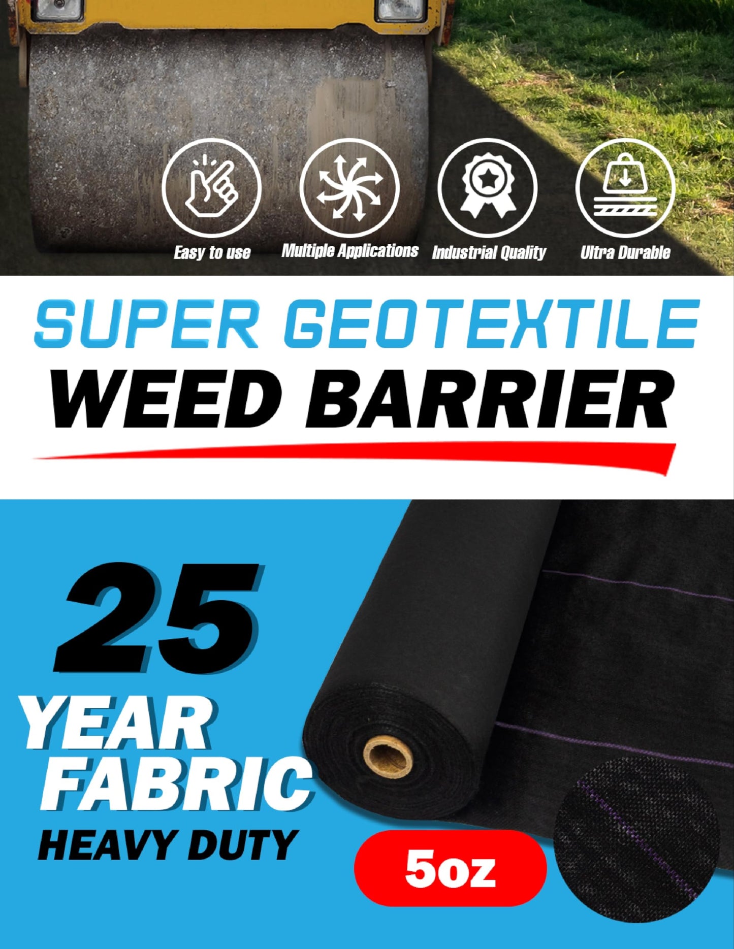 Super Geotextile Professional 5oz Geotextile Weed Barrier Fabric - Heavy Duty Landscape Fabric for Gardening, Landscaping, Weed Fabric (3x100)